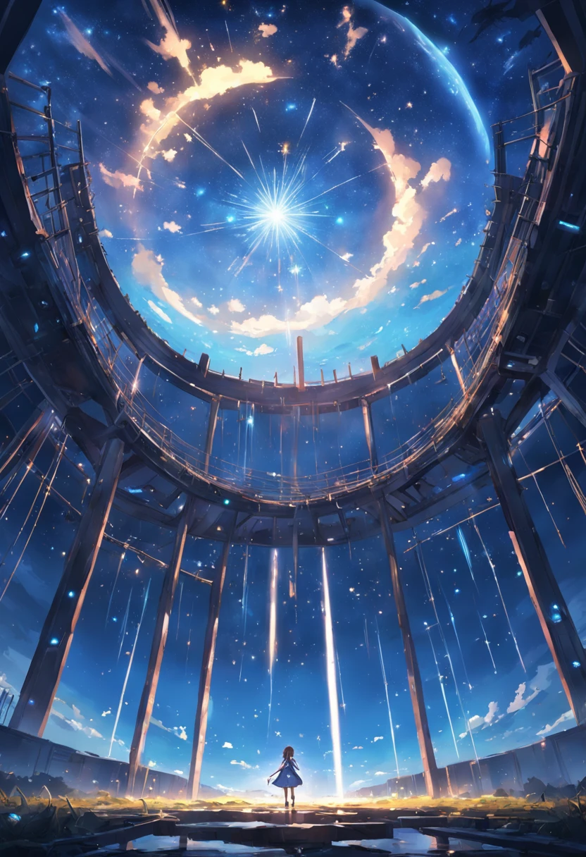 Faraway view、landscapes、Outrageous resolution、The top half is empty、Below is the ground、发光、Fantasia、clean blue sky、Lots of shining stars々、beautiful lighting、Bright lighting、Soft lighting、Lots of shining magic lights、Stars are falling from the sky、In the center stands someone、In the middle is an abandoned research facility、There is a broken robot