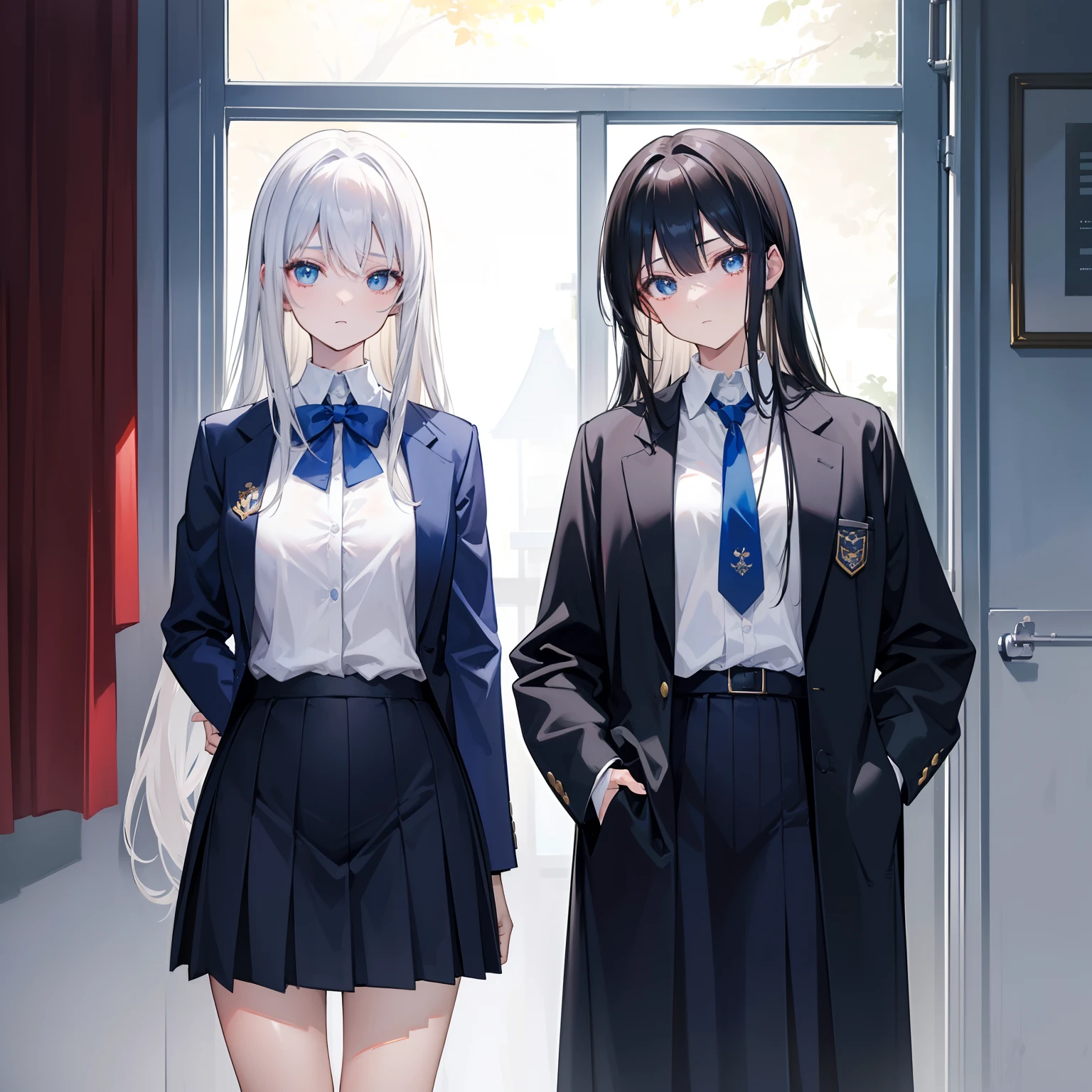 "Craft an image that beautifully contrasts the personalities of Yori and Aina, two college girls standing side by side in a college hall. Yori, radiating extroversion and confidence, confidently stands with her arms crossed. Her outfit comprises a white college shirt accompanied by a dark blue tie, complemented by a stylish dark blue college coat and sneakers. Her captivating black hair and stunning blue eyes perfectly mirror her self-assured demeanor." "Adjacent to Yori, Aina embodies introversion and shyness, facing in the opposite direction. Donning a white college shirt and a dark blue tie, accentuated by a matching dark blue college coat, Aina emanates an air of quiet elegance. Her distinct silver hair and warm brown eyes tell a tale of subtlety. Aina's countenance is imbued with palpable unease and nervousness, underscoring her distinctive character." "Capture this captivating scene to showcase the striking contrast between Yori and Aina. Their body language, attire, and expressions paint a vivid picture of two vastly different personalities existing within the same college hall."