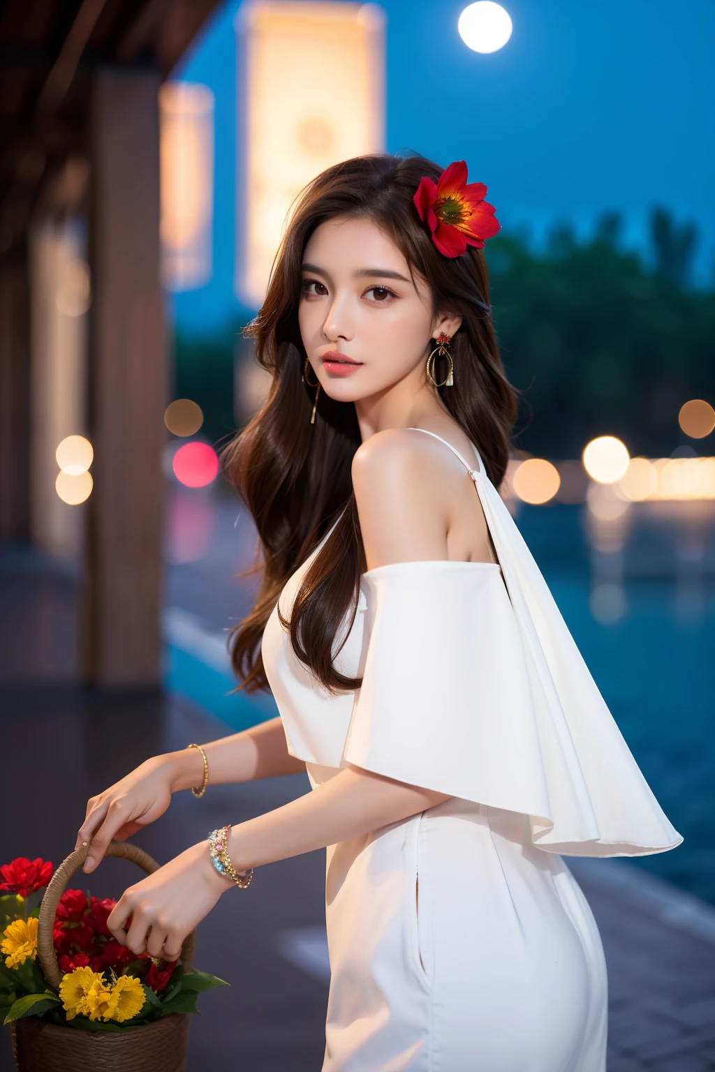 1girl, blurry, blurry_background, brown_eyes, brown_hair, depth_of_field, earrings, flower, full_moon, hair_flower, hair_ornament, lips, looking_at_viewer, moon, moonlight, night, night_sky, outdoors, red_flower, red_moon, sky, solo