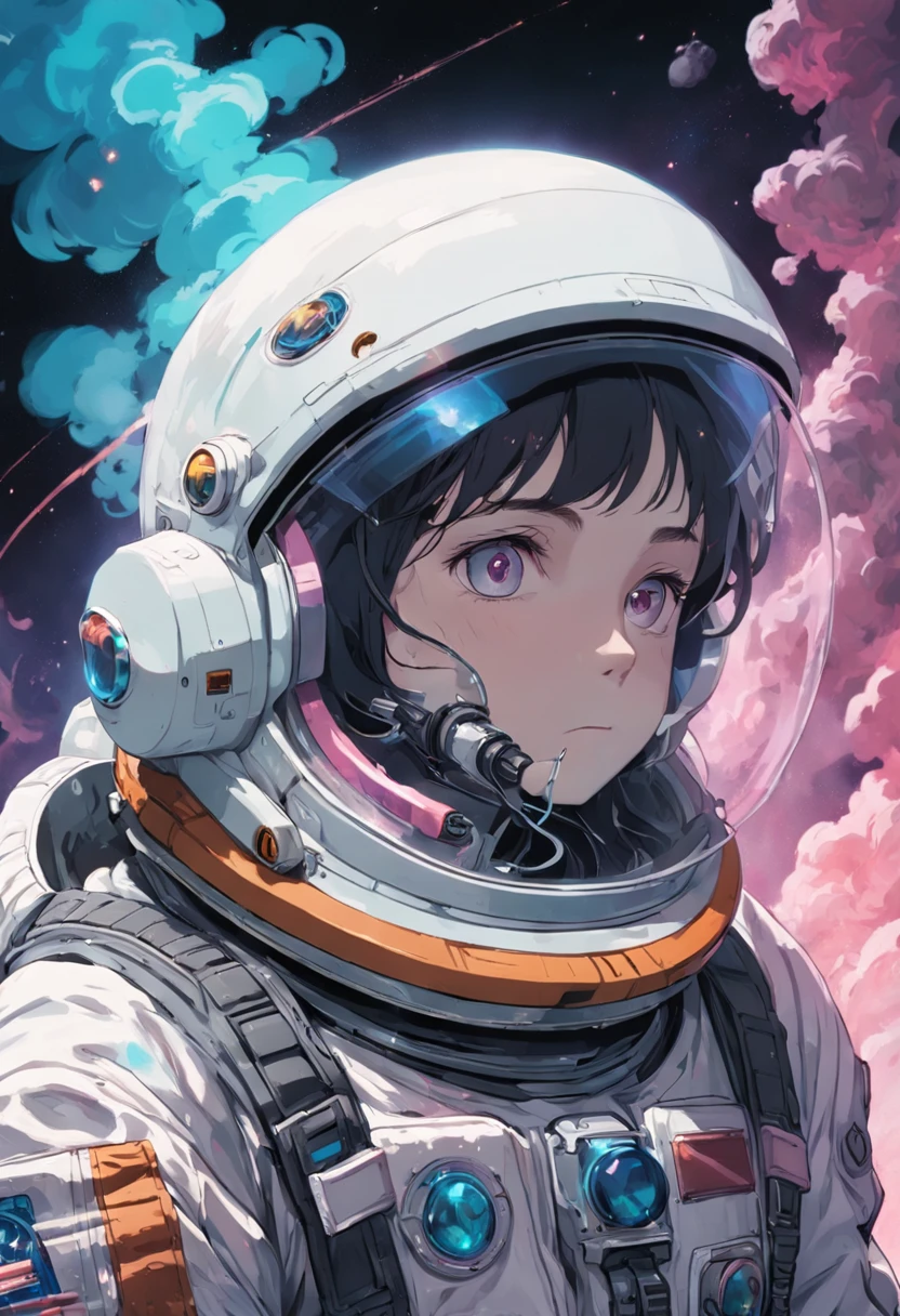 a close up of a person in a space suit with a smoke coming out of his head, portrait of an ai astronaut, astronaut cyberpunk electric, portrait of an astronaut, futuristic astronaut, dusty space suit, creepy astronaut, astronaut, vaporwave sci - fi, astronaut lost in liminal space, portrait of astronaut, tokusatsu suit vaporwave, spacesuit