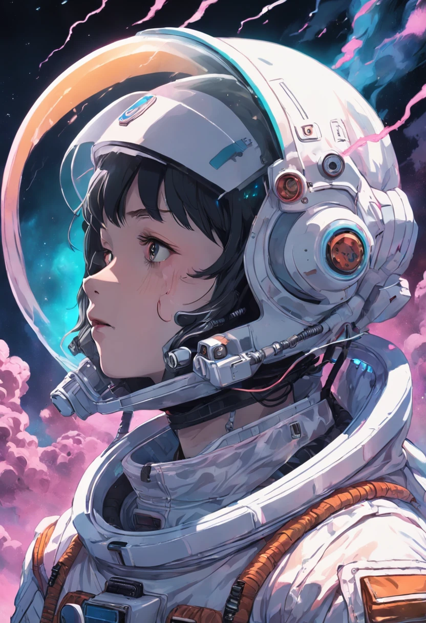 a close up of a person in a space suit with a smoke coming out of his head, portrait of an ai astronaut, astronaut cyberpunk electric, portrait of an astronaut, futuristic astronaut, dusty space suit, creepy astronaut, astronaut, vaporwave sci - fi, astronaut lost in liminal space, portrait of astronaut, tokusatsu suit vaporwave, spacesuit