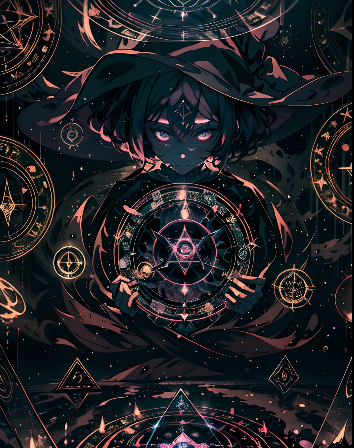 Transmutation circle, magic, witch hat, witch levitating, glowing circle, magic symbols, magic, dark ambiance, dark environment, masterpiece, best quality