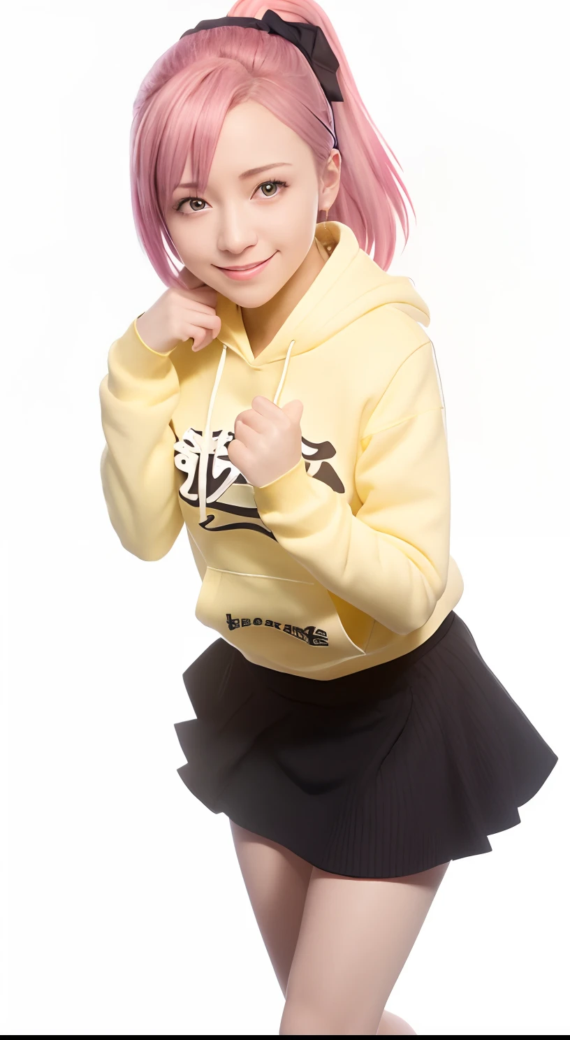 top-quality, 8K, ultra-detailliert, Girl in yellow hoodie and black skirt, a smile, Hairstyle is ponytail, Wearing a black ribbon on his head, Hinata Hyuga, Haruno Sakura, in a hoodie, tsukasa dokite, girl with, Cute girl visuals, Yayoi Kasuma, Wearing a hoodie, girl wearing hoodie, yuruyuri, wearing hoodies, cute girl with short pink hair, Sakura Haruno, chiho
