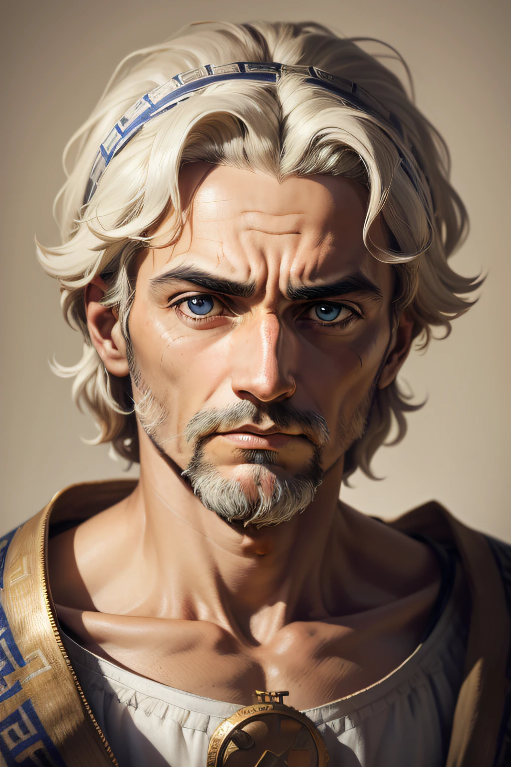 portrait of a stoic greek philosopher, his eyes and face locked on camera lens