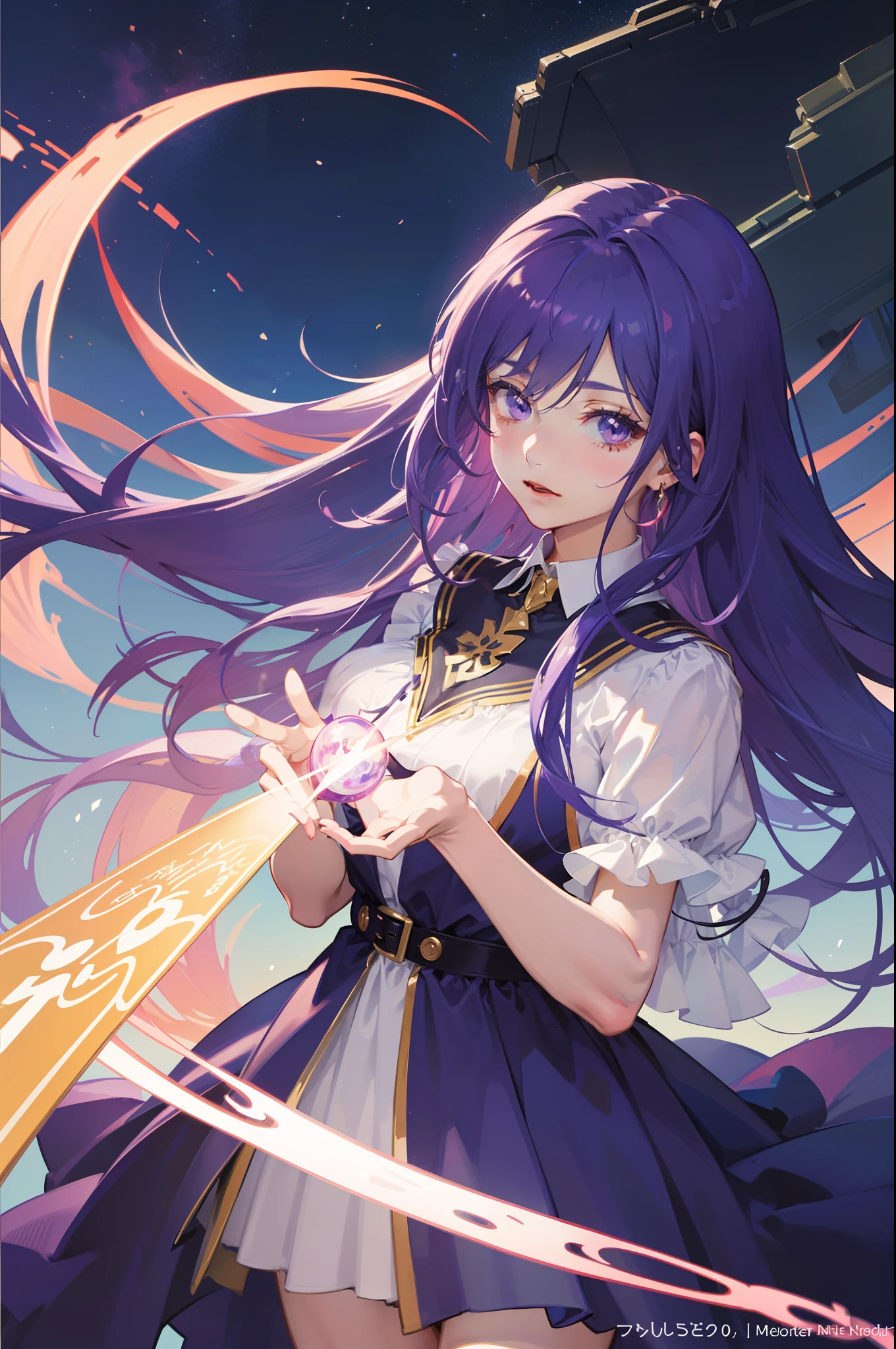 ((Best quality)), The image portrays a vibrant female character with purple hair and dress, done in classic manga or anime style, reflecting the magical elements of animated media. It's a detailed CG artwork piece, appealing to both animation enthusiasts and a broader audience.