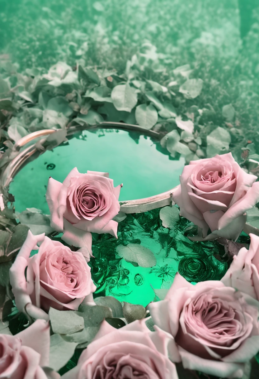 (green rose),mint green,Beautiful and aesthetic,Roses in movie lights,Lush flowers outdoors,Natural and floral aesthetics,Rose garden,rosette,Mirror made of roses,The mirror is placed in water,Beautiful girl by the mirror,Overhead angle,Beautiful images, rosette, Fantastic aesthetics, exteriors,(Masterpiece:1.6, Best quality), (fine detailed beautiful eyes: 1.2), (the Extremely Detailed CG Unity 8K Wallpapers,tmasterpiece,超詳細,(detailed back ground),hight contrast,(best illuminate,Extremely refined and beautiful),((Blue flowing lake water)),((Caustics)),dynamic angle,Beautiful detail glow,