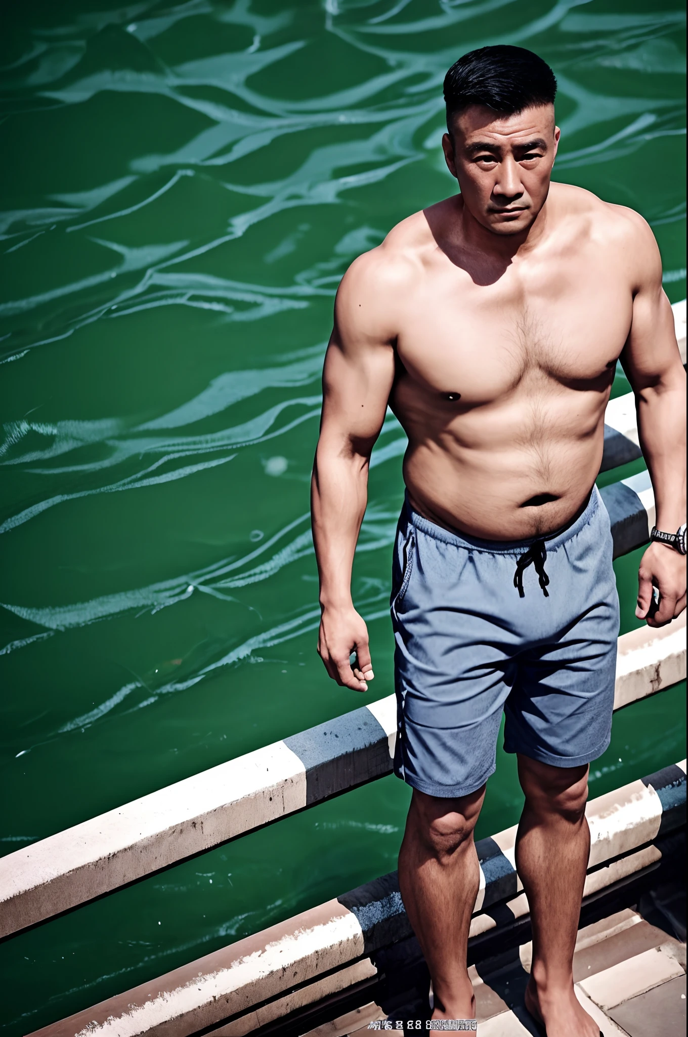 Cantonese uncle, China,male people,he is about 60 years old,Rough and handsome looks,Big waist round,chest muscle,Abs,Armpit hairy,Chest hair,Sit by the water,Wear boxer panties,buzz cut, vred, scowling, Best quality, Masterpiece,Cascades waterfalls background,(Tattoo on the chest:1.5),(musculous:1.5),(Obese:1.5),(Gray hair:1.5 ),(Gray body hair:1.5),(Skin Wrinkles:1.5),(gloss on the skin:0.5),