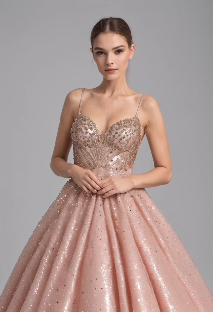 Imagine a ball gown that seems to have been woven from one's own dreams, A piece that evokes magic and elegance in every inch. This stunning pink glitter dress is a true work of fashion art.
The tightly adjusted bodice features a delicate heart-shaped neckline, gently enhancing the collarbone and neck line. The thin handles, ornamentadas com detalhes cintilantes, curvam-se graciosamente sobre os ombros, adicionando um toque de delicadeza ao visual. The bodice is adorned with a cascade of sequins and glitter, that shines like stars in a night sky, criando um jogo de luz deslumbrante a cada movimento.
The waist is marked by a thin band, coberta pela mesma camada de brilho sutil. A partir dela, The dress opens into a flowing skirt that seems to flow like a river of sparkling roses. Each layer of fabric blends smoothly into the next, creating a gradient effect of color and brightness that is absolutely enchanting.
As the skirt extends to the floor, Each step is like a magical dance, making glitter glitter shine and scintile in the light. The combination of soft pink with touches of glitter adds a fairytale dimension to this dress, making whoever uses it feel like the protagonist of their own enchanted story.