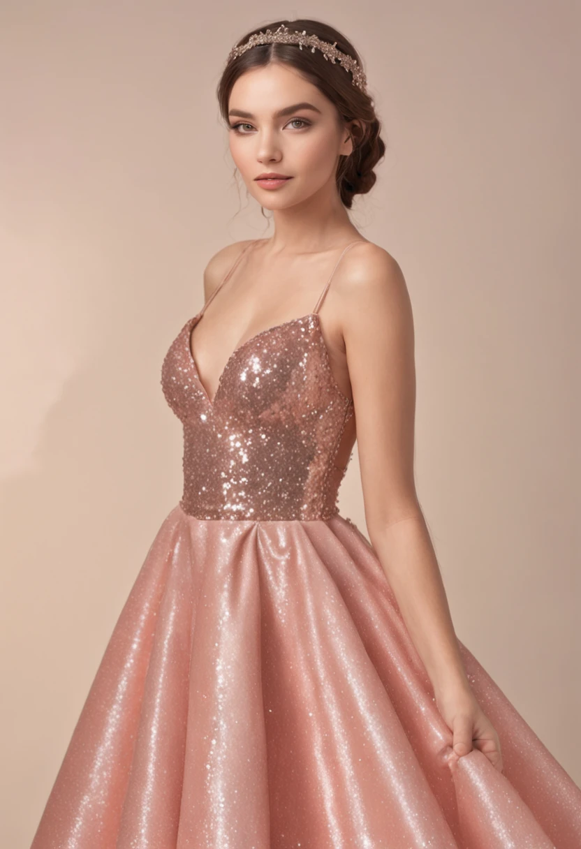 Imagine a ball gown that seems to have been woven from one's own dreams, A piece that evokes magic and elegance in every inch. This stunning pink glitter dress is a true work of fashion art.
The tightly adjusted bodice features a delicate heart-shaped neckline, gently enhancing the collarbone and neck line. The thin handles, ornamentadas com detalhes cintilantes, curvam-se graciosamente sobre os ombros, adicionando um toque de delicadeza ao visual. The bodice is adorned with a cascade of sequins and glitter, that shines like stars in a night sky, criando um jogo de luz deslumbrante a cada movimento.
The waist is marked by a thin band, coberta pela mesma camada de brilho sutil. A partir dela, The dress opens into a flowing skirt that seems to flow like a river of sparkling roses. Each layer of fabric blends smoothly into the next, creating a gradient effect of color and brightness that is absolutely enchanting.
As the skirt extends to the floor, Each step is like a magical dance, making glitter glitter shine and scintile in the light. The combination of soft pink with touches of glitter adds a fairytale dimension to this dress, making whoever uses it feel like the protagonist of their own enchanted story.