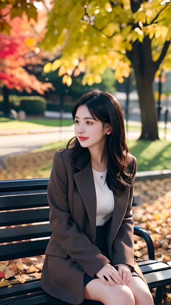 Beautiful twenty-year-old woman，at park，Sit on a bench，autumnal，falling leaf，The tree