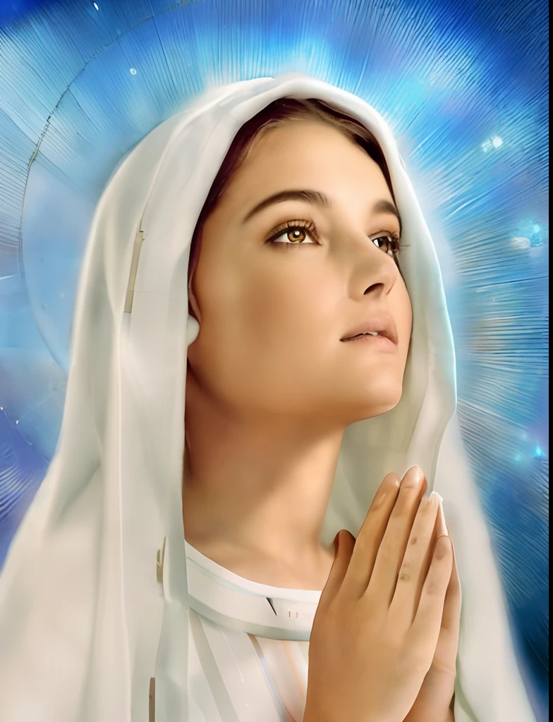 (((Saint Virgin Mary. 19 years olinetic style))) ((( Con una cara seria y piadosa. Con una mirada dulce y tierna))) (obra maestra, calidad superior, mejor calidad, arte oficial, beautiful and aesthetic: 1.2), (1girl), extremadamente detallado, (Arte fractal: 1.3), colorido, highest detailed, Cara perfecta, parte superior del cuerpo, HDR, (orando: 1.3), (golden lines of white coat: 1.2), galaxia, (rayas de luz), eye-catching visuals, (dynamic stripes, senderos luminosos: 1.2), colores vibrantes,