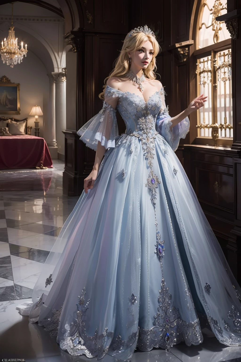 ((top-quality、​masterpiece、photographrealistic:1.4、in 8K))、Beautuful Women、18year old、Beautiful expression、a blond、extremely detailed eye and face、beatiful detailed eyes、Formal Gloves、（Gorgeous purple luxury dress in medieval European style、Headdress in the style of medieval Europe)、Red dress、Luxury accessories、（Woman walking in the corridor of a castle in European style）、Glass shoes、Cinematic lighting、Textured skin、Super Detail、high detailing、High quality、hight resolution、Looking at Viewer、Elegant smile、Full body、europian、