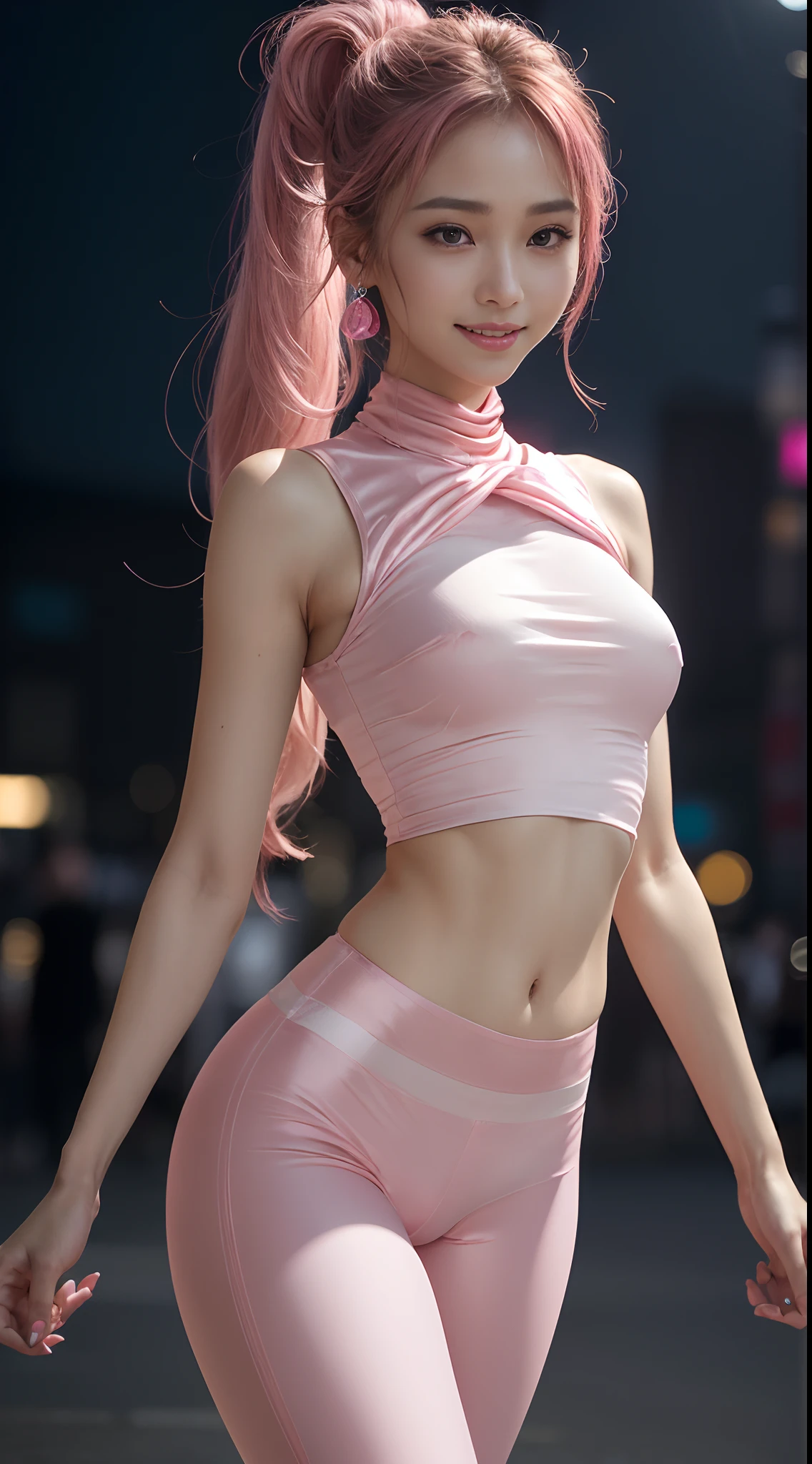 8k, masterpiece, RAW photo, best quality, photorealistic, extremely detailed CG unity 8k wallpaper, Depth of field, Cinematic Light, Lens Flare, Ray tracing, (extremely beautiful face, beautiful lips, beautiful eyes), intricate detail face, ((ultra detailed skin)) 1girl, in the dark, deep shadow, pretty korean girl, kpop idol,(very slim slender fit-muscled body), ((looking at viewer)),(big smile), (fashion city night, (neon sign), (blurry background), midnight, (vacant city), (without people in the background), pretty korean girl, white diamond earrings, dia bracelets, dia necklace, clear eyes, walking , front shot, (pale skin), face forward, (big eyes), ((upper body shot)), ((color laced pants ), (camel toe,  shape),(ponytail) (looking at viewer), medium breasts,((smile)), ((camel toe)), (see through), ((laced top)), ( very slim, medium butts, ((pink color silk pants)), (silk shirts)