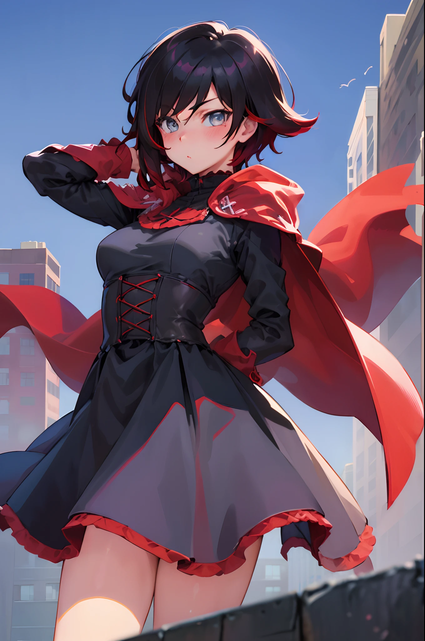 (tmasterpiece, beste-Qualit:1.2), Cowboy shot, 独奏, a 1girl, Ruby Rose, gaze at the viewer, Hands Behind Your Back, Black Dress, long sleeves, red cape, pantyhouse, wide thighs, blushful, the night, urban landscape, Street