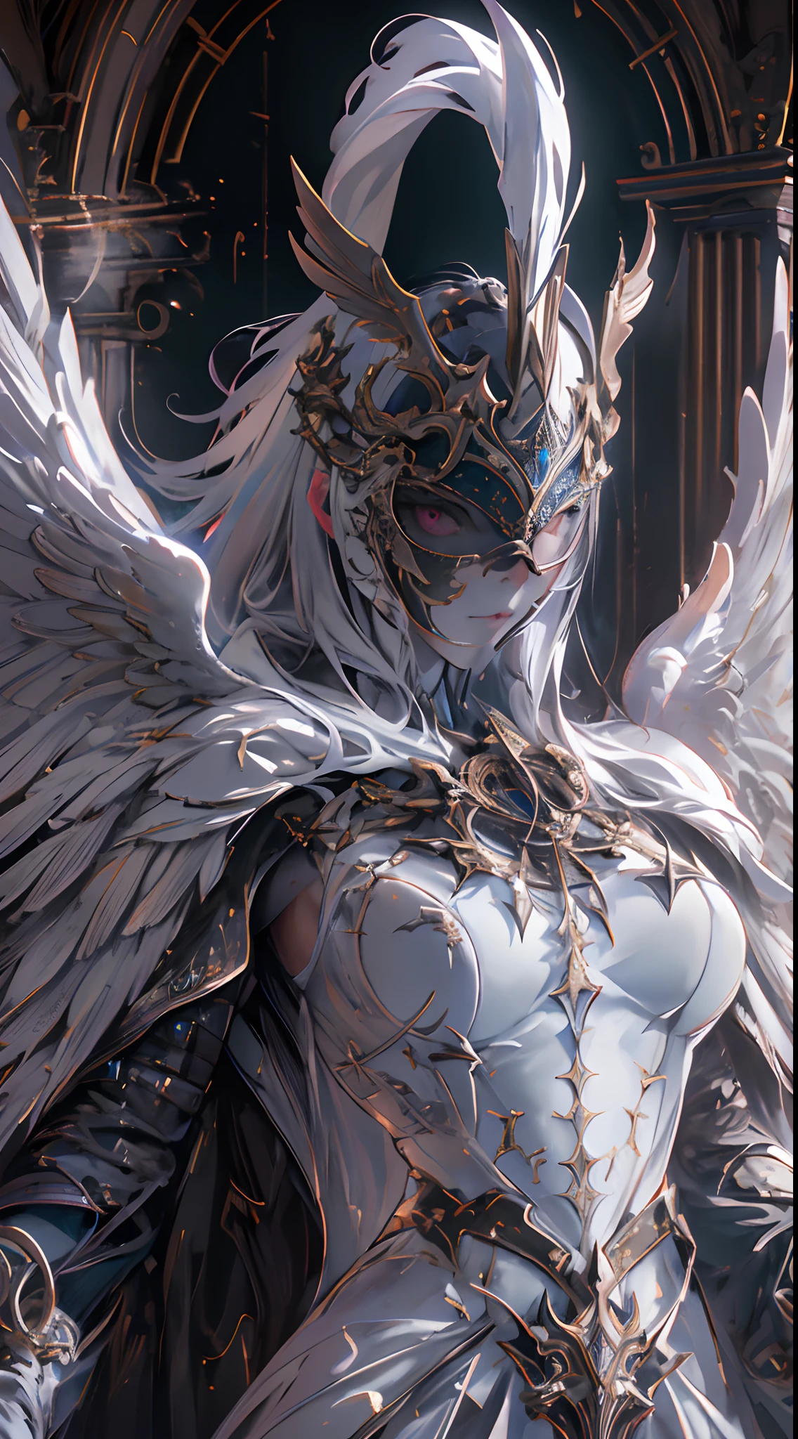 Archangel with white mask stunningly beautiful, Eldon ring, Bloodborne, Full body portrait, Sharp shots, Professional photography, 70mm lense, Meticulous love, Good quality, Unreal Engine 5, the wallpaper, Colorful, Very detailed, 8K, Soft light, Realistic photo
