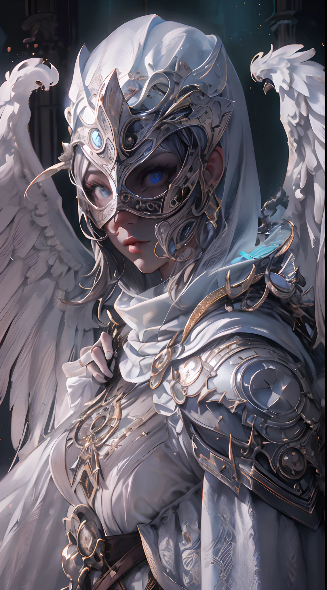 Archangel with white mask stunningly beautiful, Eldon ring, Bloodborne, Full body portrait, Sharp shots, Professional photography, 70mm lense, Meticulous love, Good quality, Unreal Engine 5, the wallpaper, Colorful, Very detailed, 8K, Soft light, Realistic photo
