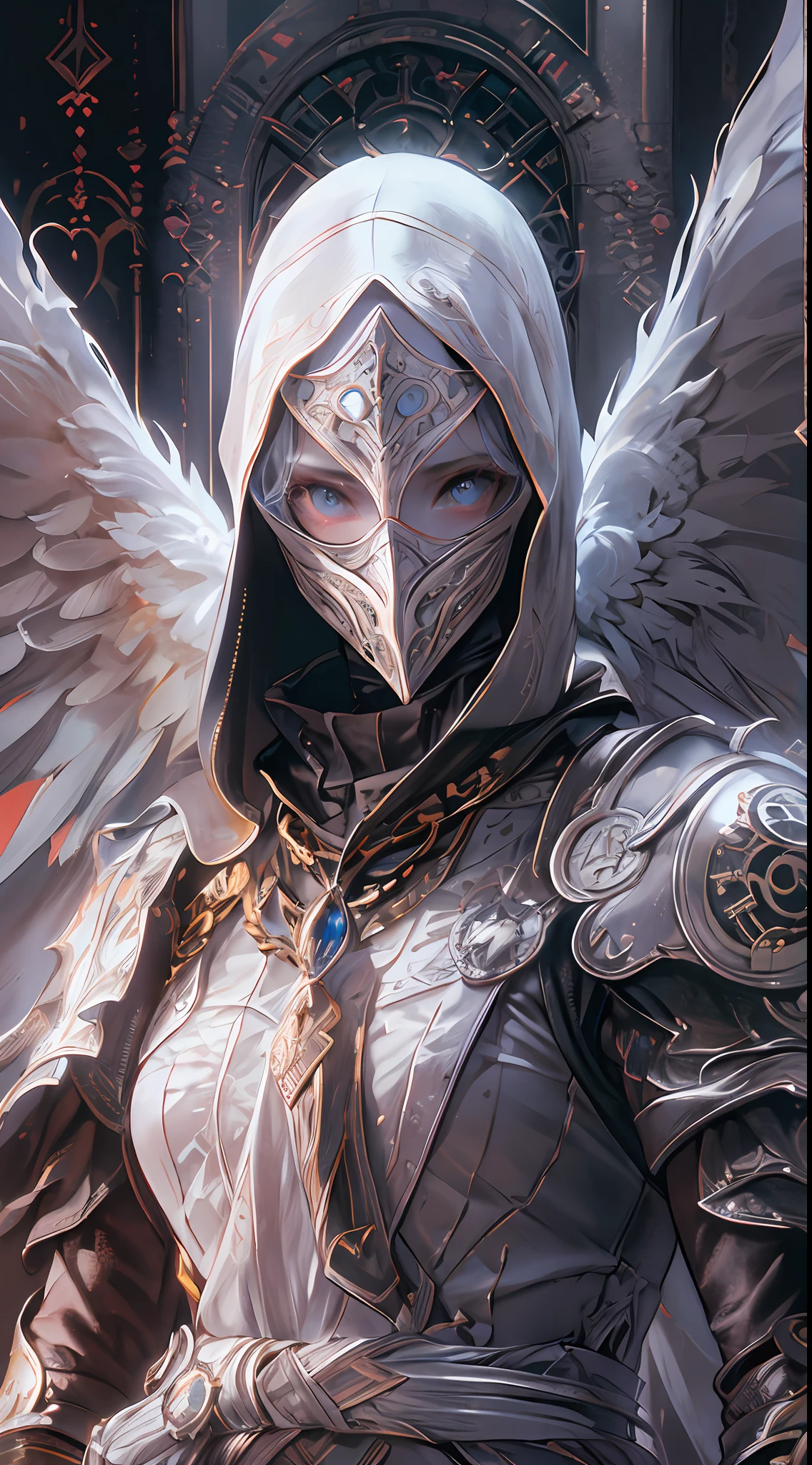 Archangel with white mask stunningly beautiful, Eldon ring, Bloodborne, Full body portrait, Sharp shots, Professional photography, 70mm lense, Meticulous love, Good quality, Unreal Engine 5, the wallpaper, Colorful, Very detailed, 8K, Soft light, Realistic photo