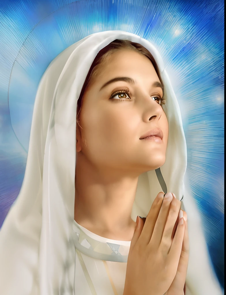 (((Saint Virgin Mary. 19 years olinetic style))) ((( Con una cara seria y piadosa. Con una mirada dulce y tierna))) (obra maestra, calidad superior, mejor calidad, arte oficial, beautiful and aesthetic: 1.2), (1girl), extremadamente detallado, (Arte fractal: 1.3), colorido, highest detailed, Cara perfecta, parte superior del cuerpo, HDR, (orando: 1.3), (golden lines of white coat: 1.2), galaxia, (rayas de luz), eye-catching visuals, (dynamic stripes, senderos luminosos: 1.2), colores vibrantes,