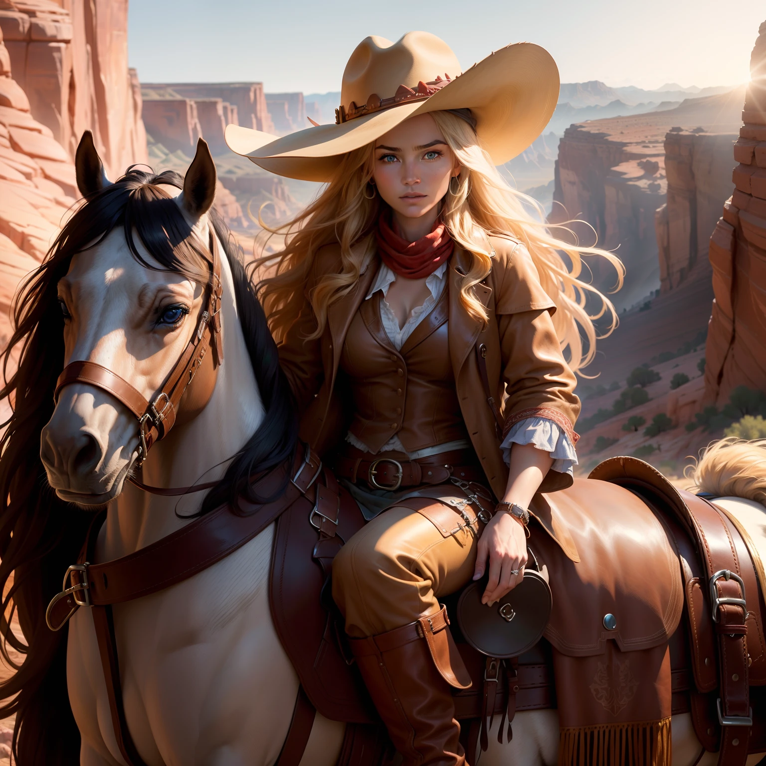 Ultra-detailed, cinematic photorealistic portrait of a strikingly beautiful cowgirl riding a brown and white horse through the canyon, photographed at golden hour on 35mm film with an 85mm lens, soft diffused lighting, wearing a brown leather cowboy hat atop her long wavy blonde hair, fringe suede jacket and boots, sitting confidently in the saddle, detailed leather reins and saddle, looking ahead with bright blue intense eyes, sheer red bandana around her neck flowing in the wind, expansive view of red rock canyon formations behind her, lens flare from the setting sun, photographed for a Ralph Lauren campaign by Annie Leibovitz.