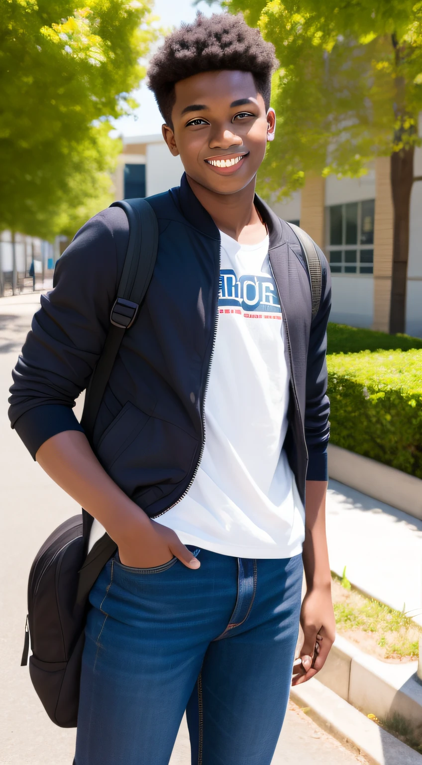 Smiling, dark-skinned, 19-year-old man standing at school with backpack