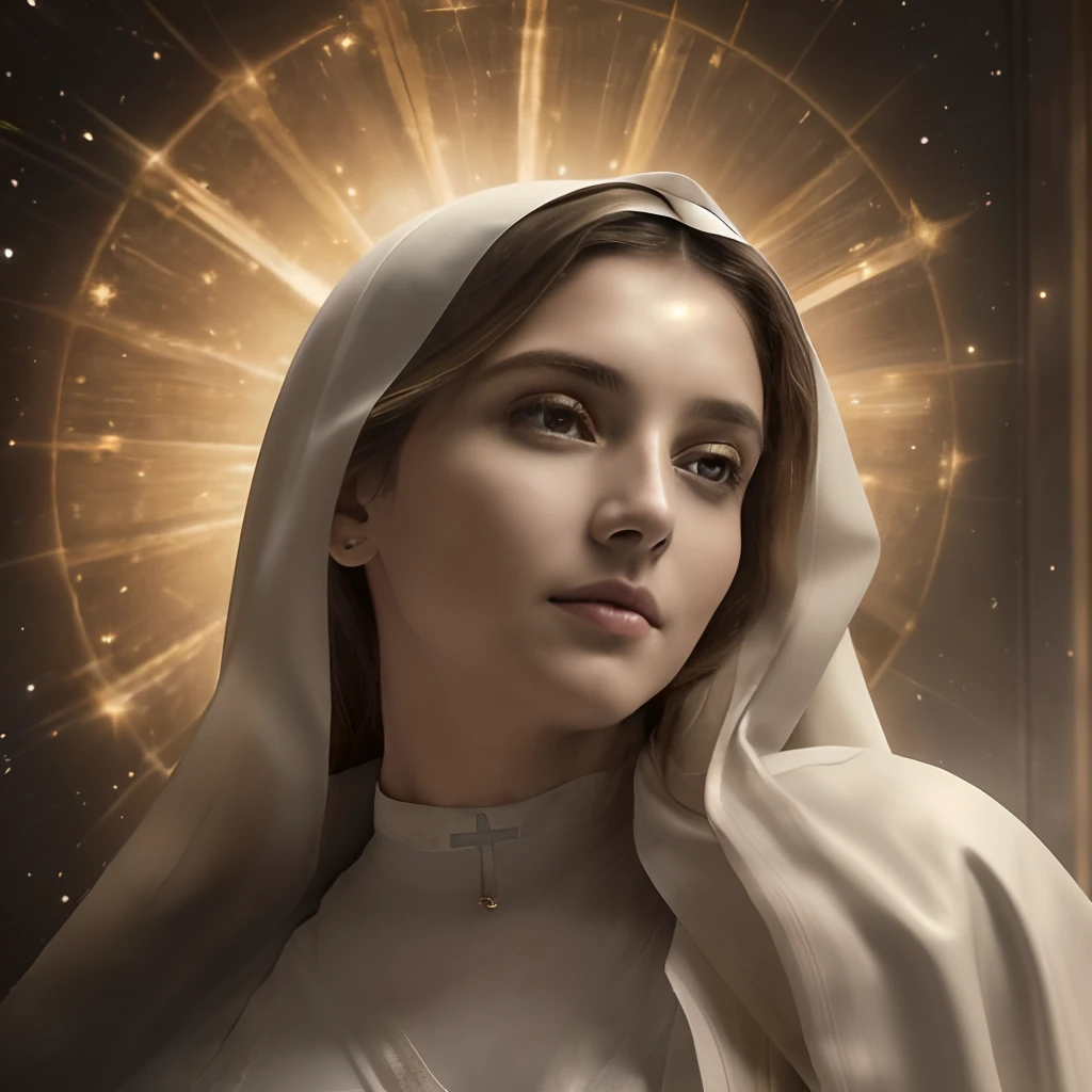 (((Saint Virgin Mary. 19 years olinetic style))) ((( Con una cara seria y piadosa. Con una mirada dulce y tierna))) (obra maestra, calidad superior, mejor calidad, arte oficial, beautiful and aesthetic: 1.2), (1girl), extremadamente detallado, (Arte fractal: 1.3), colorido, highest detailed, Cara perfecta, parte superior del cuerpo, HDR, (orando: 1.3), (golden lines of white coat: 1.2), galaxia, (rayas de luz), eye-catching visuals, (dynamic stripes, senderos luminosos: 1.2), colores vibrantes,