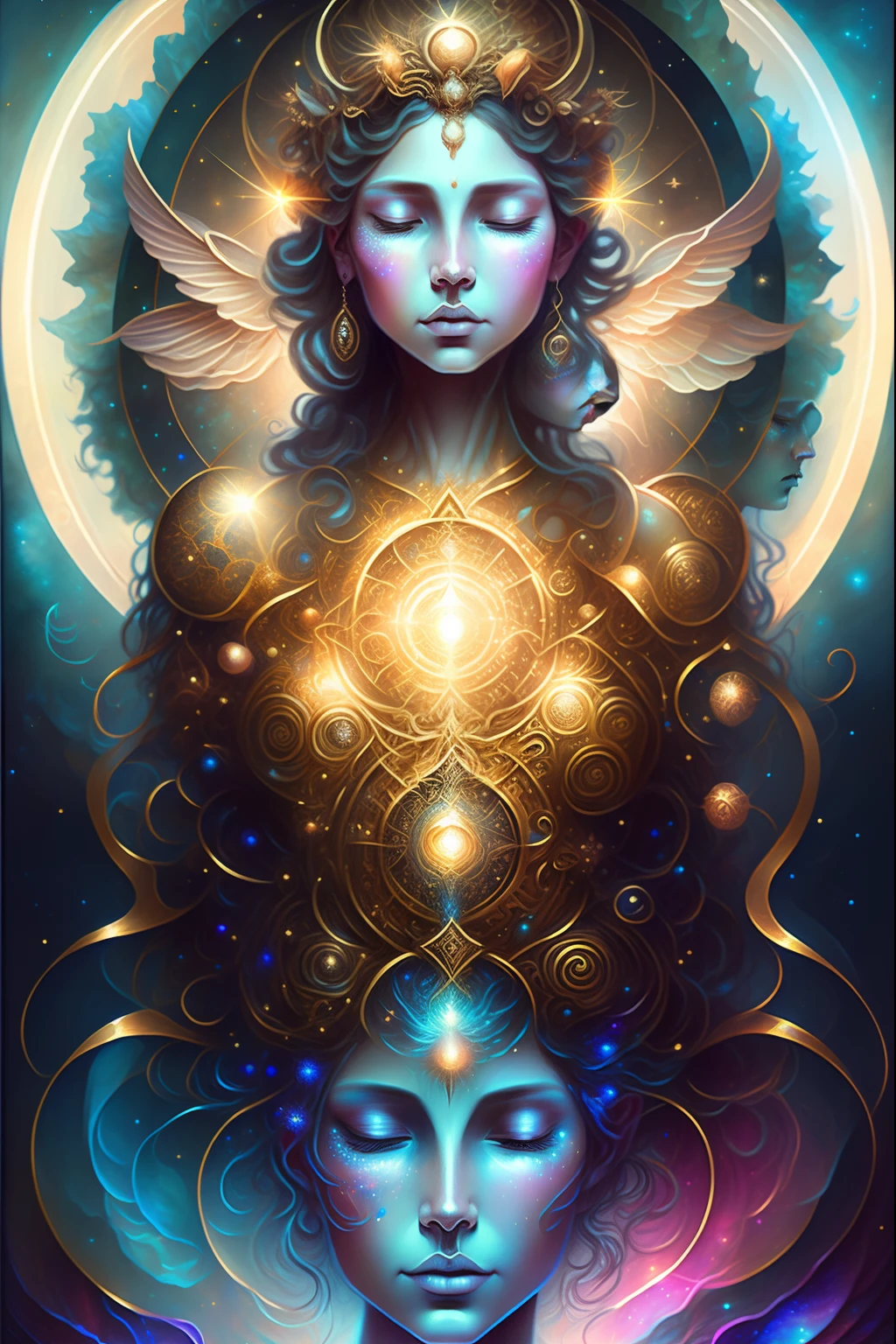 A painting of a woman with a halo, celestial goddess, portrait of a cosmic goddess, artgerm julie bell beeple, a stunning portrait of a goddess, goddess portrait, Goddess. Extremely high detail, portrait of a beautiful goddess, cosmic goddess, goddess of space and time, Goddess of Light, Beeple and Jeremiah Ketner, goddess art，eyes half closed，The material of the clothes is silk