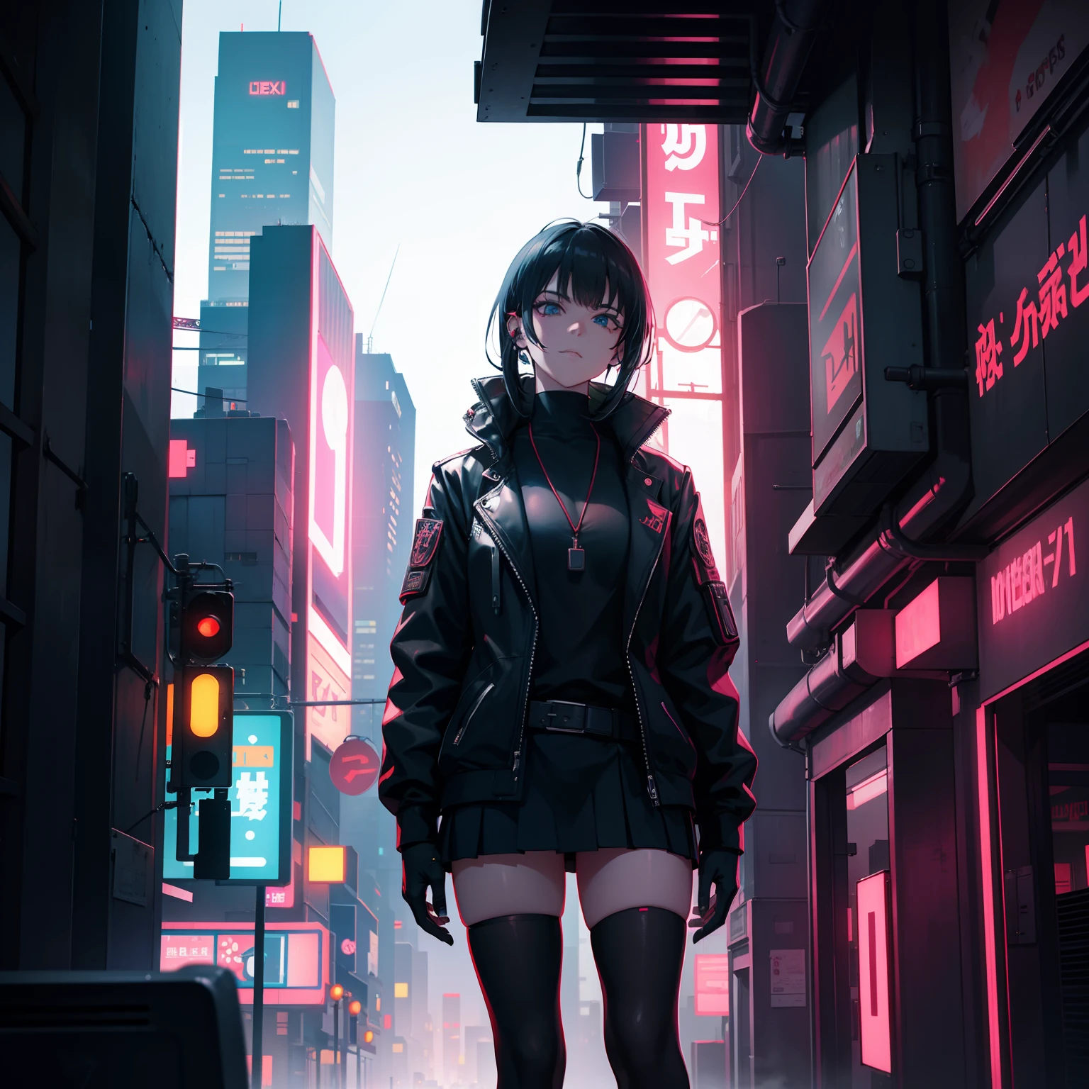 Cyberpunk School City,school,pupils on,Sateen,Neon light,A city scape,landscapes,lesbian