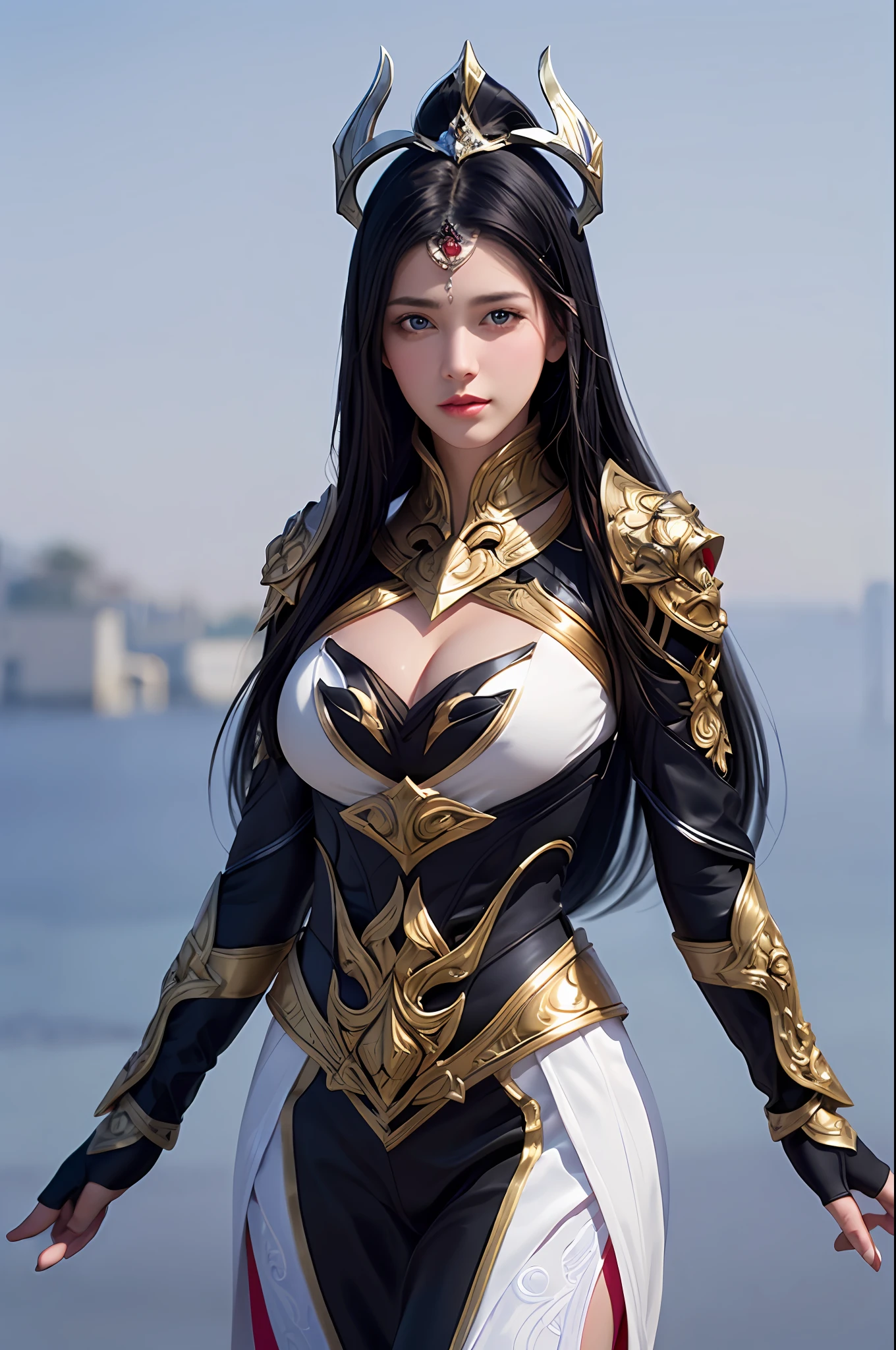 1girl, depth of field, official art, unity 8k wallpaper, ultra detailed, illustration, beautiful and aesthetic, masterpiece, best quality, knight, (big breasts), (milf, mature female), (black armor, armor, breastplate), beautiful face, (long hair, black hair,  very straight hair:1.4, hime cut:1.4), blue eyes, cowboy shot, glowing skin, back lighting, athletic figure, muscular female, curvy, wide hips, colorful, looking at viewer, Hyperrealistic, gradient background, dark background, outline, fantasy, from the front, watercolor, traditional media, (chromatic aberration, intricate details)