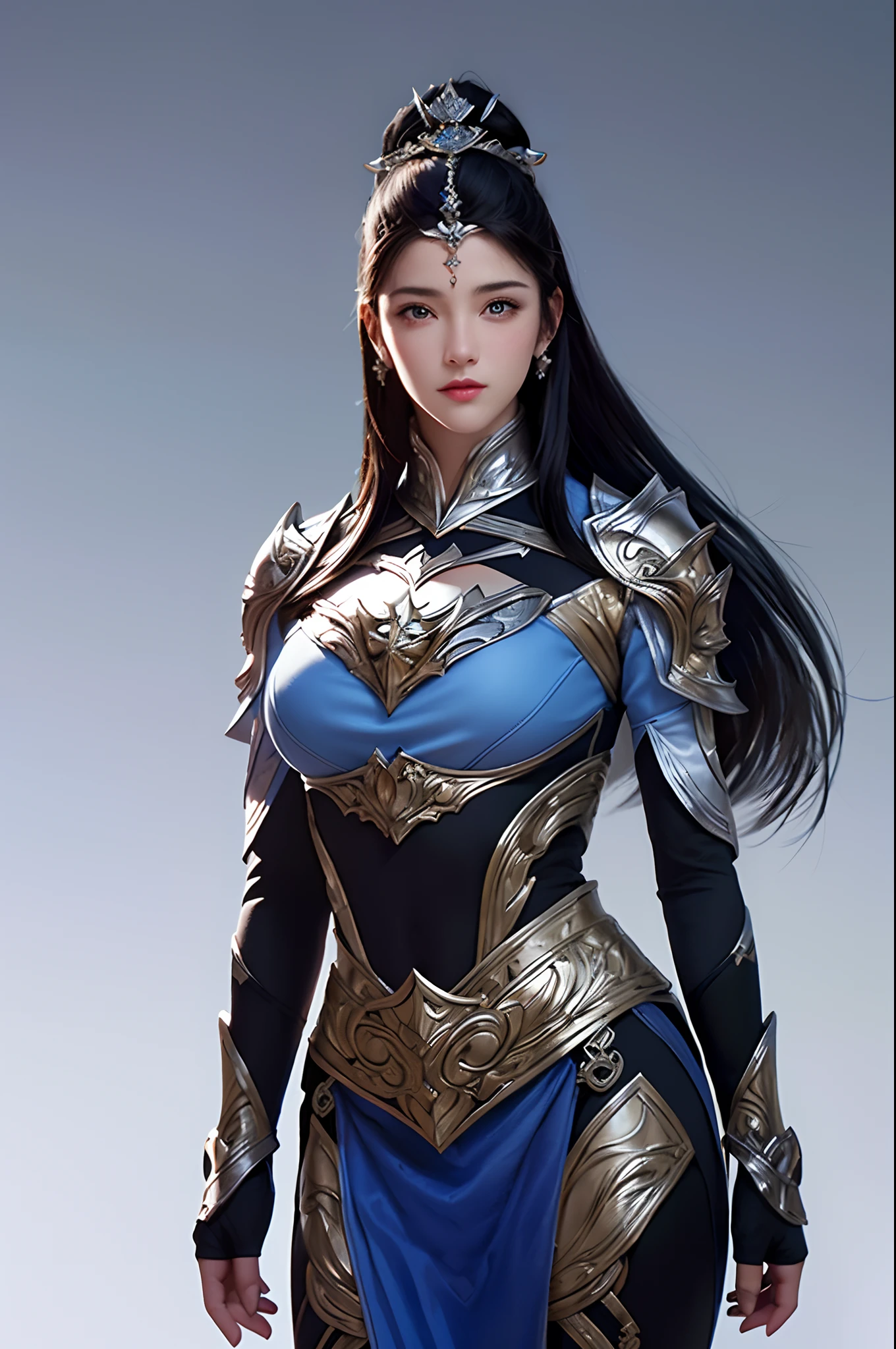 1girl, depth of field, official art, unity 8k wallpaper, ultra detailed, illustration, beautiful and aesthetic, masterpiece, best quality, knight, (big breasts), (milf, mature female), (black armor, armor, breastplate), beautiful face, (long hair, black hair,  very straight hair:1.4, hime cut:1.4), blue eyes, cowboy shot, glowing skin, back lighting, athletic figure, muscular female, curvy, wide hips, colorful, looking at viewer, Hyperrealistic, gradient background, dark background, outline, fantasy, from the front, watercolor, traditional media, (chromatic aberration, intricate details)