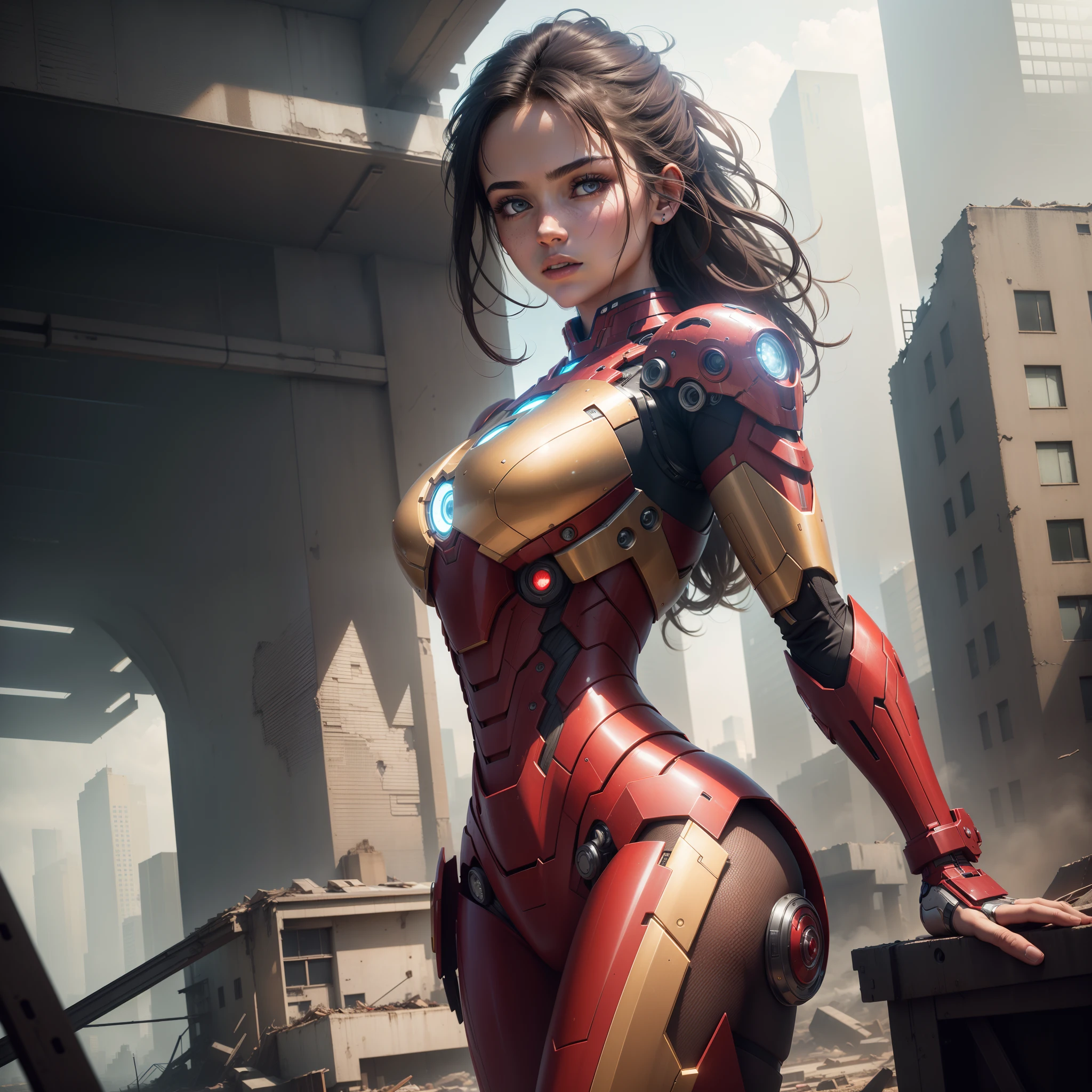RAW, Masterpiece, Ultra Fine Photo,, Best Quality, Ultra High Resolution, Photorealistic, Sunlight, Full Body Portrait, Stunningly Beautiful,, Dynamic Poses, Delicate Face, Vibrant Eyes, (Side View) , she is wearing a futuristic Iron Man mech, red and gold color scheme, highly detailed abandoned warehouse background, detailed face, detailed and complex busy background, messy, gorgeous, milky white, high detailed skin, realistic skin details, visible pores , sharp focus, volumetric fog, 8k uhd, dslr camera, high quality, film grain, fair skin, photorealism, lomography, sprawling metropolis in futuristic dystopia, view from below, translucent