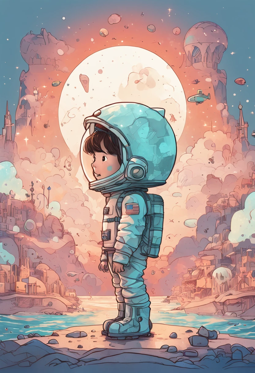 Once upon a time, em uma pequena cidade, There lived a boy named Hai. The sea loves space，The dream is to become an astronaut., in the style of Studio Ghibli, pastel tetradic colors, White background, 2D art, Cute and quirky, Fantasy art, aquarelle, Hand-drawn, Digital painting, low poly, Soft lighting, bird's eyes view, retro aesthetic, focus on the character, 4K 分辨率, Photorealistic rendering, using Cinema 4D