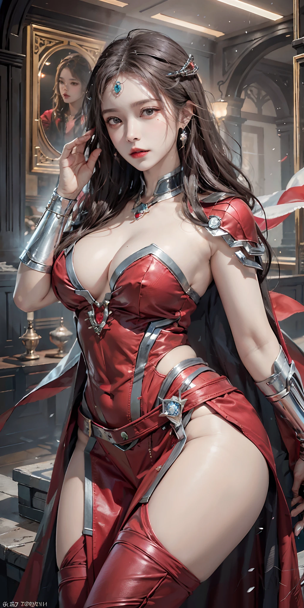 photorealistic, high resolution, soft light,1women, solo, hips up, (detailed face), jewelry, scarlet witch costume, jewelry