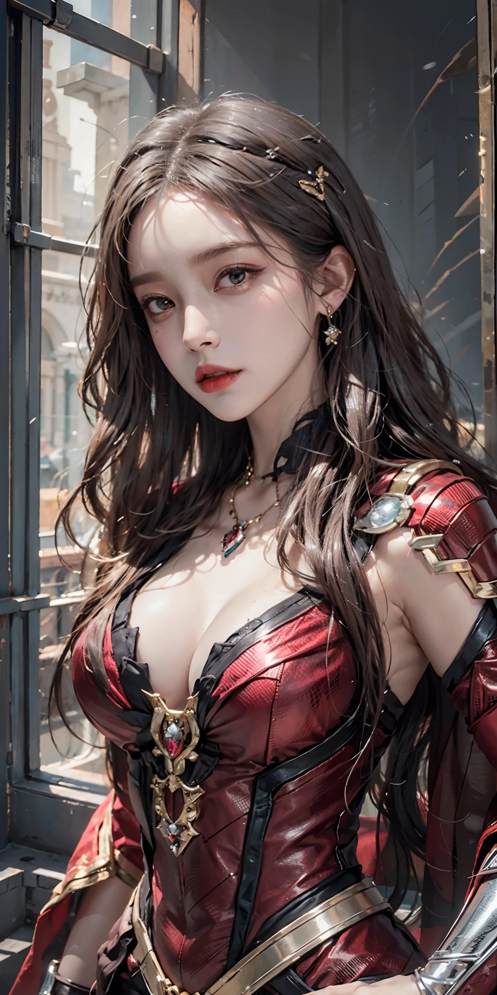 photorealistic, high resolution, soft light,1women, solo, hips up, (detailed face), jewelry, scarlet witch costume, jewelry