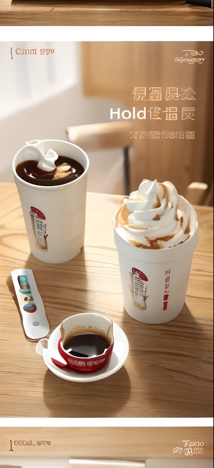 There were two cups of coffee and one cup of coffee on the table, colored milk tea, paper cup, Cai Xukun, coffee mug, ❤🔥🍄🌪, cartoon paper coffee cup, product, inspired by Cao Buxing, coffee mug, whipped cream, advertisement picture, 8 k'', creamy, delicacy, leaked image, Official product image, cappuccino,photorealisti,The morning light shines on the table
