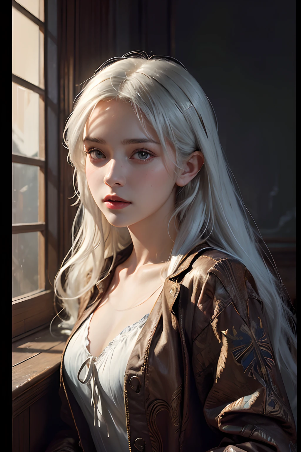 Hyperrealist portrait of female by david hockney and alphonse mucha,fantasy art, photo realistic, dynamic lighting, artstation, poster, volumetric lighting, very detailed faces, 4 k, award winning,, 1girl, in the dark, deep shadow, low key,cowboy shot,(official clothing:1.4) ,long hair,white hair,