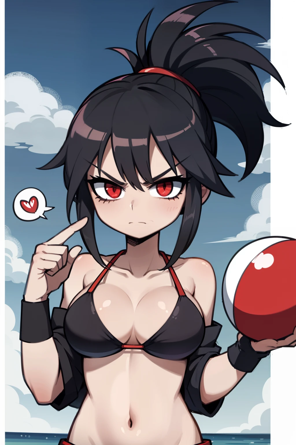 black hair, red eyes, angry face, using a black bikini on a beach, with a speak ballon