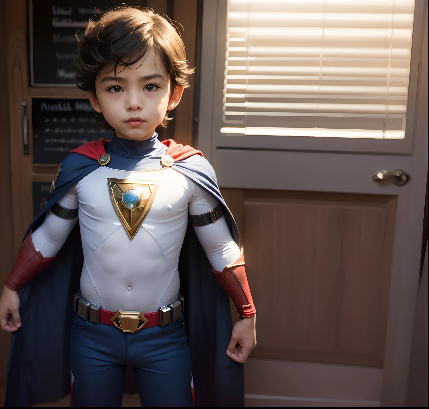 dressed in a Superman costume in front of a door, wearing hero costume, traje completo, com capa, Directed by: Maeda Masao, Retrato grande angular de Astroboy, full body hero, super hero costume, super hero, superhero body, tiro de close-up, Capturado na Canon EOS R 6, corpo inteiro com traje, super hero pose