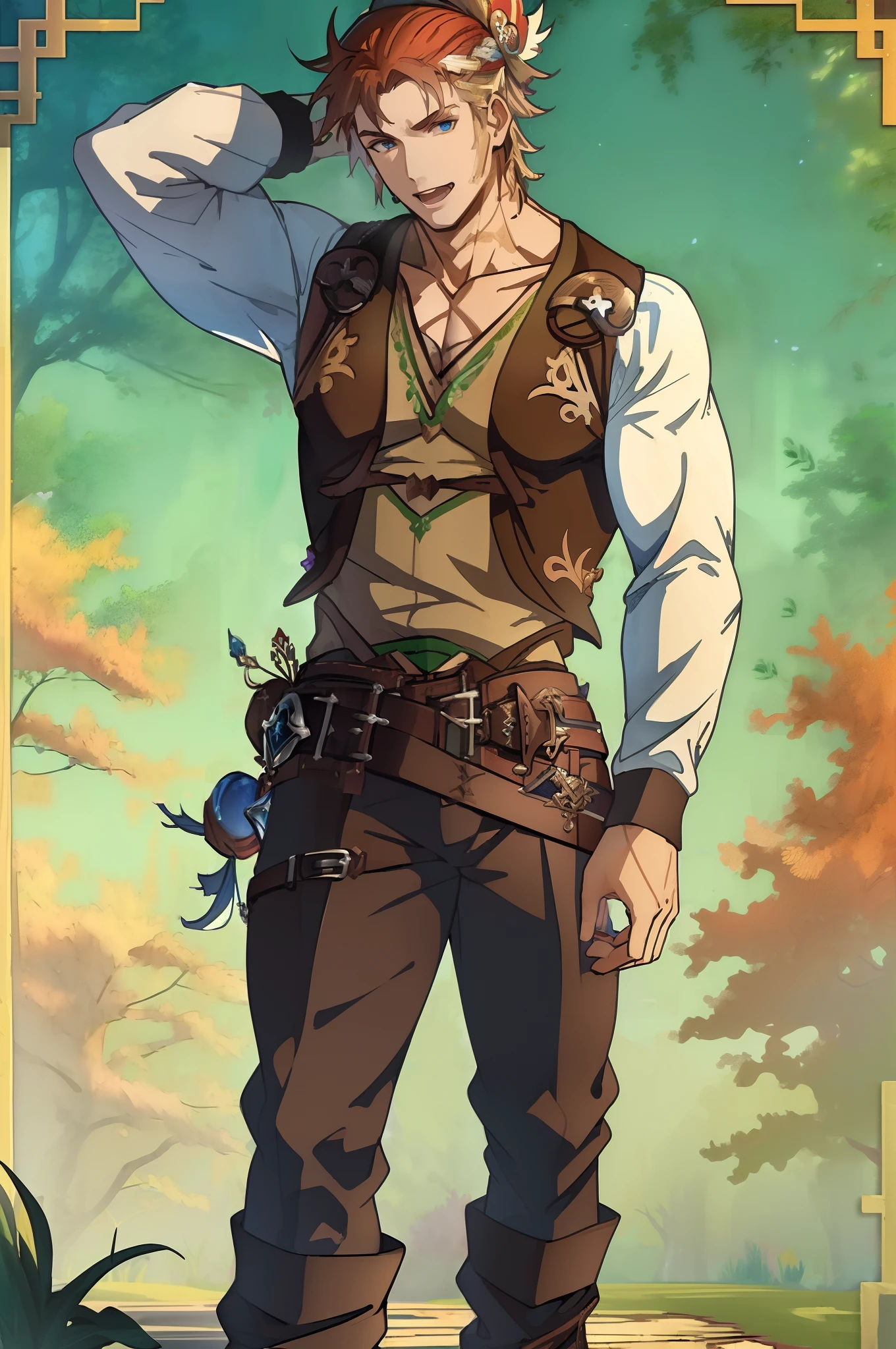 wilnas, granblue fantasy, (masterpiece:1.5), (best quality:1.5), (high quality:1.5), (solo:1.27), (muscular male:1.27), standing, full body, forest vest, pullover