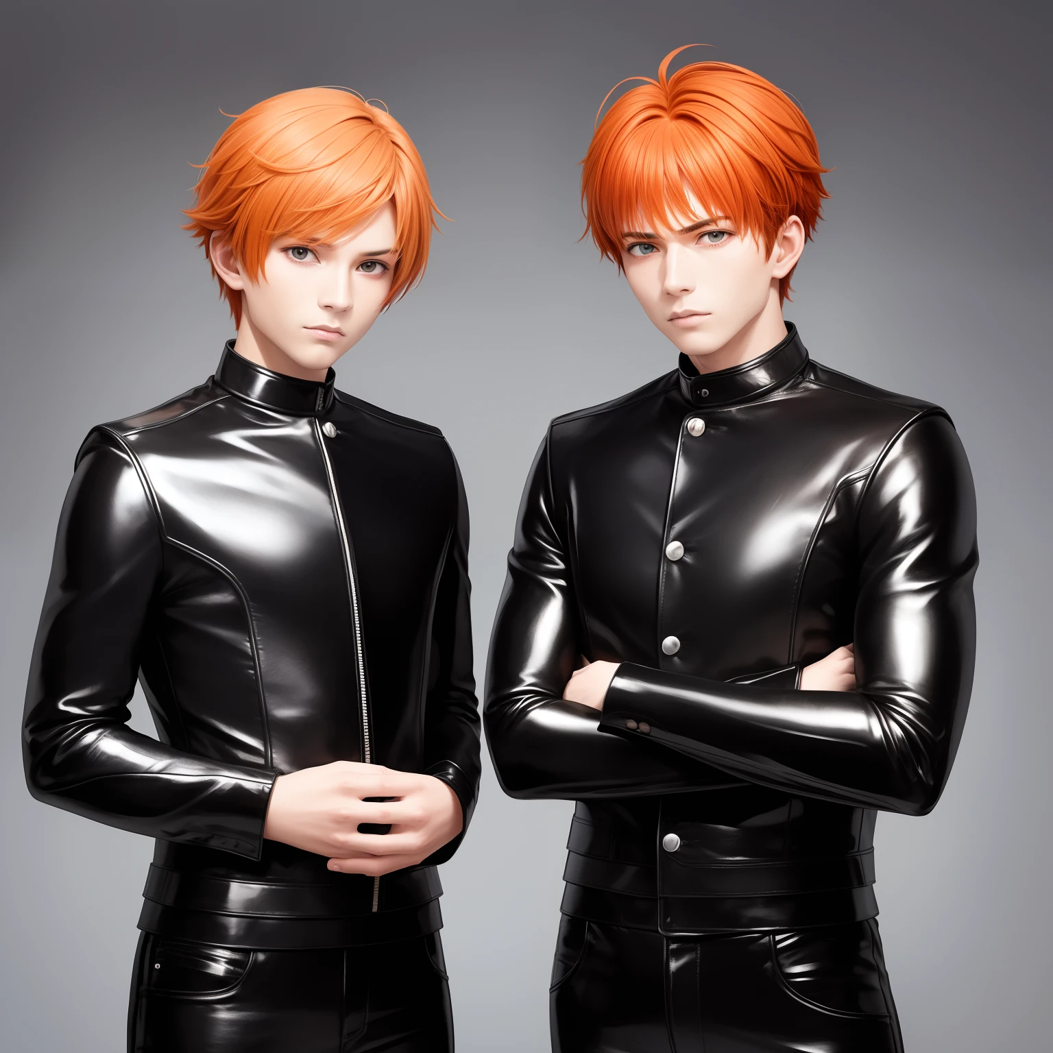 papa, Mom -yeld brers pose serious for photo orange hair stylish black clothes black leather black black