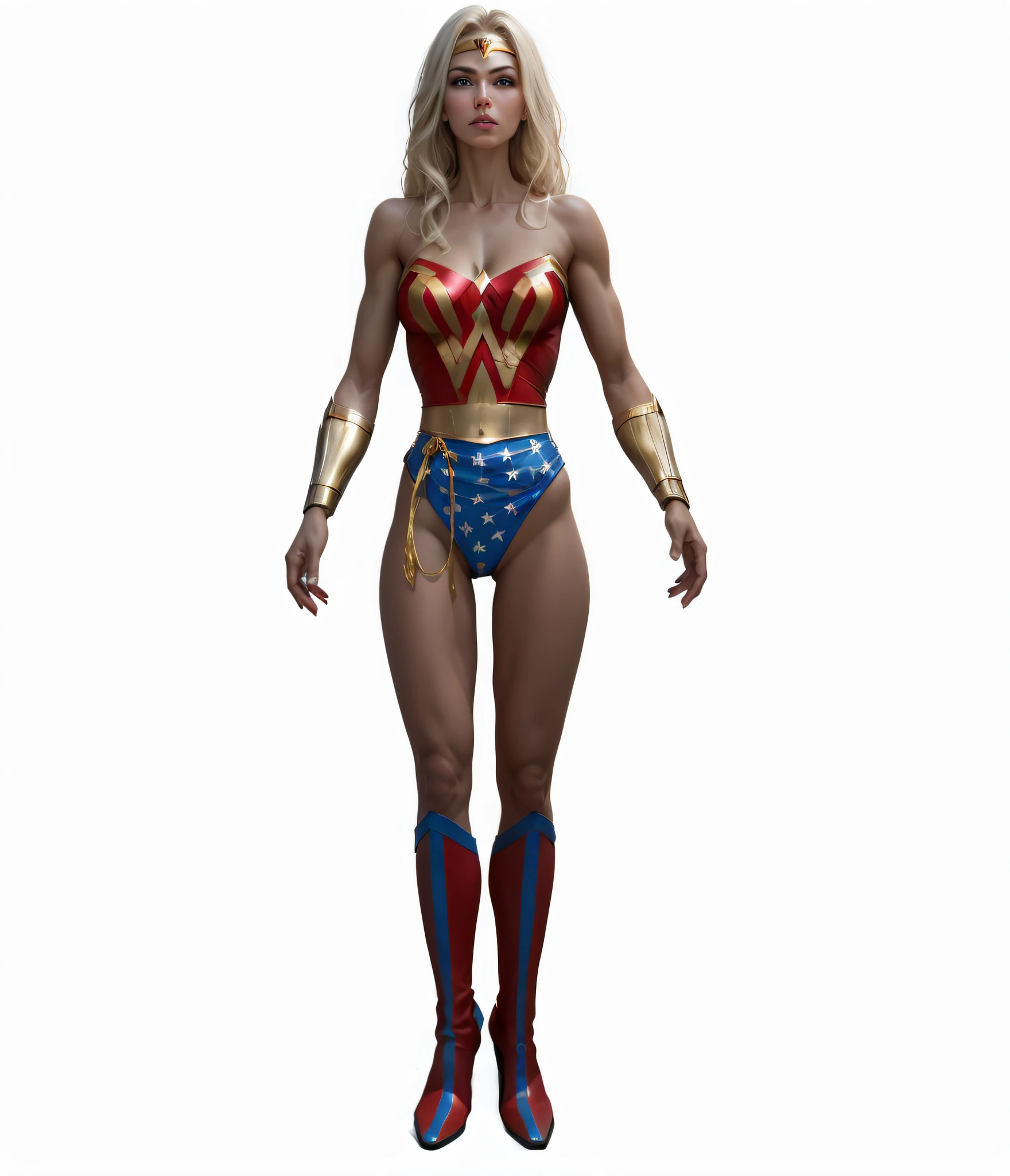 a close up of a woman in a costume, wonder woman, superhero body, female superhero proportions, full body render, dressed as wonder woman, portrait of wonder woman, modeled in poser, super heroine costume, photorealistic perfect body, bodybuilder superhero bikini, heroic proportions figure, full body shot hyperdetailed, (Masterpiece, Top Quality),1girl ,{{Depth of field}}, Hyper detail, 1woman, (lean, fit Wonder Woman), Single, Full Body, (Intricate Details, Makeup), (Delicate and beautiful delicate face, delicate and beautiful delicate blue eyes, face with perfect proportions), High-detail skin, delicate skin, Best proportions Four fingers and one thumb, strong and realistic light blue eyes, realistic platinum blonde hair, lips, makeup, natural skin texture, tiara, leotard, bulletproof bracelets, red boots, (public clothing:1.3), lightly tanned skin, mature, sexy, elastic muscles, (muscles:1.3), ((strong and healthy body)), (((more) muscles))), wet body, wet hair, wet face, long legs, curved, thin thighs, wide buttocks, thin legs, (big breasts: 1.2), thin waist, soft waist, (delicate skin), (wet body: 1.0), (beautiful and sexy woman), (swollen lips: 0.9), (eyelashes: 1.2), very delicate muscle definition, bare handed, hold nothing on hand, LED panel lights arranged in a square shape to mimic existing interior fixtures, hands on hips, 4k hyperrealistic, black background