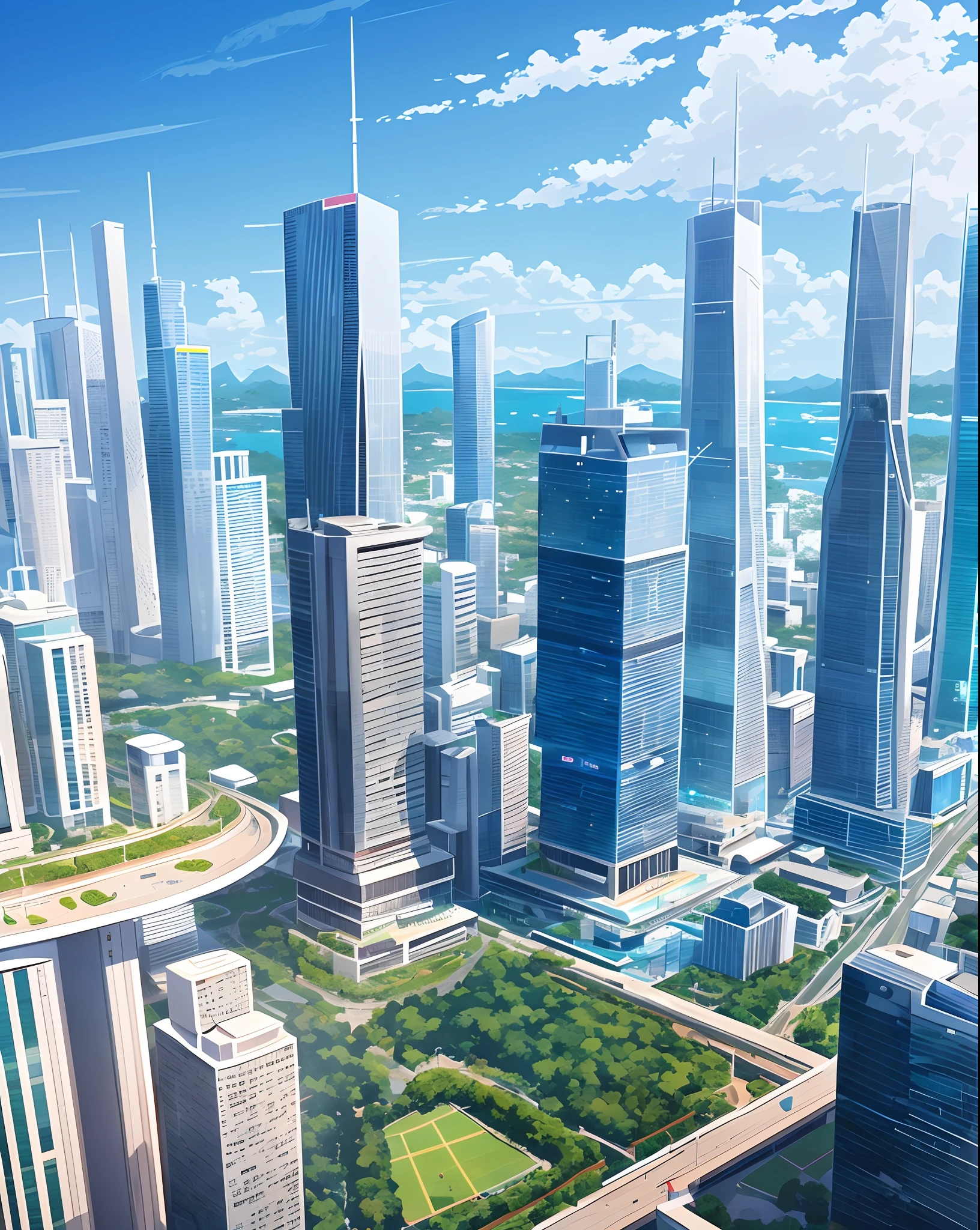 There is a picture of a city with many tall buildings, bela cidade do futuro, bela paisagem urbana, Distrito Empresarial Highrise, Vista da cidade futurista, hd anime cityscape, Estilo anime cityscape, sao paulo in the year 2 0 7 0, Paisagem urbana do dia, Backgrond futurista da cidade, enorme centro moderno da cidade, cidade do futuro, anime scenery concept art