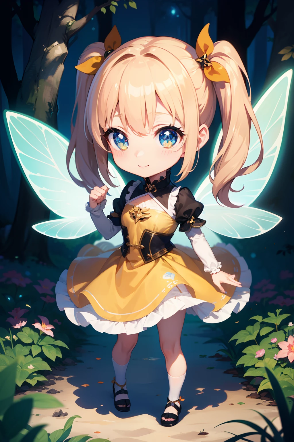 masutepiece, High resolution, 8K, anime woman, Delicate and detailed writing 、Detailed digital illustration、(Chibi:1.2)、(masterpiece:1.4)、(top-quality:1.4)、(a very pretty girl、hyperdetailed face、Eyes Like Gems、very long light brown hair、Colorful gradient hair:1.4)、(full body Esbian、Perfect two arms、Perfect two legs:1.4)、(Perfect four fingers:1 thumb)、brilliance、Ultra-fine、Pigtails、细致背景、Fantastical、Underexposed eyes、Fantastic background、eyes large and double,,、Eyes are orange gradients、Sparkly orange pupils、Soothing、Greet with your best smile、Transparent fairy wings、Very beautiful forest background