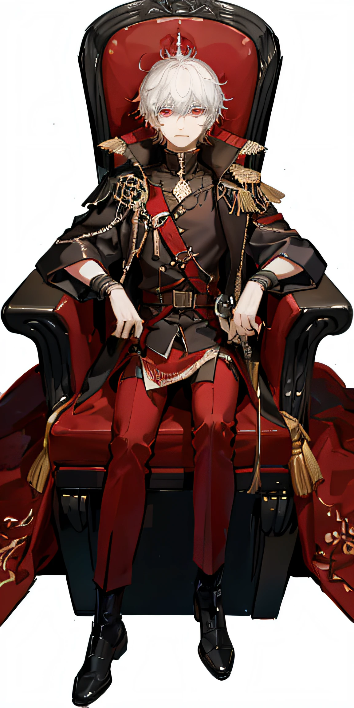 high resolution,Tall white-haired male with red eyes wearing a crimson crown with a black trench coat and pants wielding a sword sitting in a throne inside a castle that is made out of obsidian