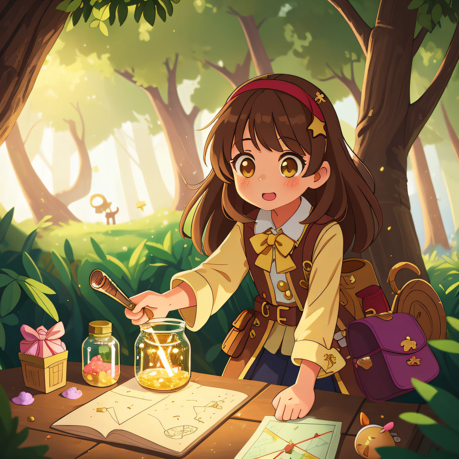 (best quality, high quality:1.3), CG, dramatic lighting, highly detailed, Bokeh, Lily, cute 10 year old girl, long brown hair, dressed in daring pirate costume, followed the cryptic clues on her map. The first led her to the ancient willow tree in the park. Under a hidden crevice, she discovered a jar full of glittering sweets that seemed to twinkle like stars.