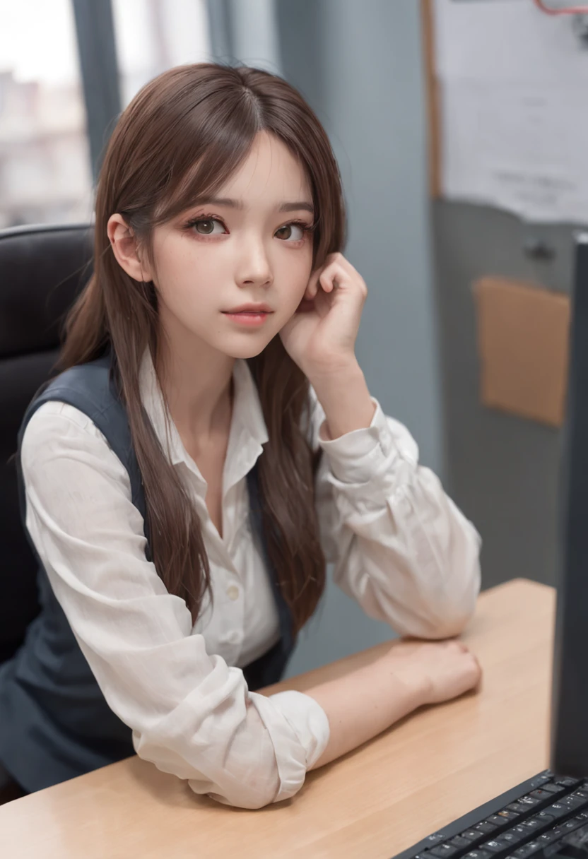 There was a woman sitting at a computer desk,Looking at the computer,down view,down view,Hold the keyboard, Realistic art style, Digital anime illustration, realistic anime artstyle, Photorealistic art style, Digital anime art, Realistic anime 3 D style, realism art style, cartoon digital painting, Realistic schoolgirl, digital character illustration, anime realism style, Realistic young anime girl, digital cartoon painting art, digital manga art