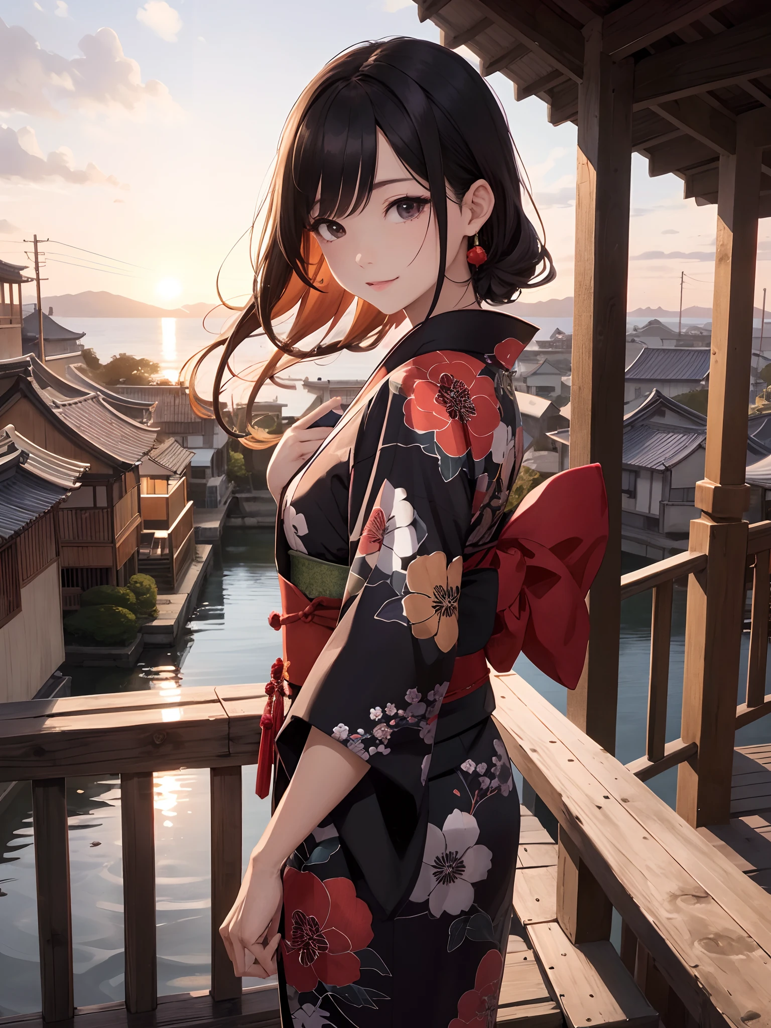 11-year-old girl、(Backward view、)Butt Emphasis、Smile small、Old streets of Kyoto、Emphasize cleavage、Wear a red floral yukata、One-sidedoff-shoulder((Highest quality))face real、(1. Glowing Skin.4)Extreme close-up from below(((sexy)))((masterpiece)、(1. Glowing Skin.1.4)Thigh Emphasis、((Beautiful sunset))、(((11-year-old girl)))(Mid-wave hair、)sexy pose、、、(Various poses)