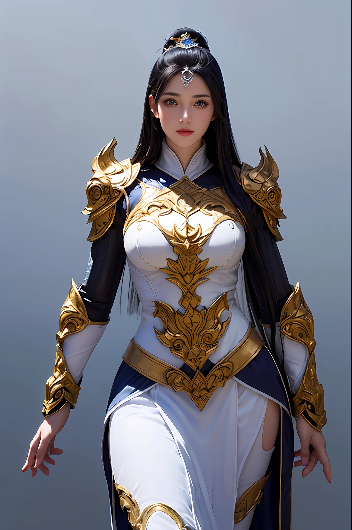 1girl, depth of field, official art, unity 8k wallpaper, ultra detailed, illustration, beautiful and aesthetic, masterpiece, best quality, knight, (big breasts), (milf, mature female), (black armor, armor, breastplate), beautiful face, (long hair, black hair,  very straight hair:1.4, hime cut:1.4), blue eyes, cowboy shot, glowing skin, back lighting, athletic figure, muscular female, curvy, wide hips, colorful, looking at viewer, Hyperrealistic, gradient background, dark background, outline, fantasy, from the front, watercolor, traditional media, (chromatic aberration, intricate details)