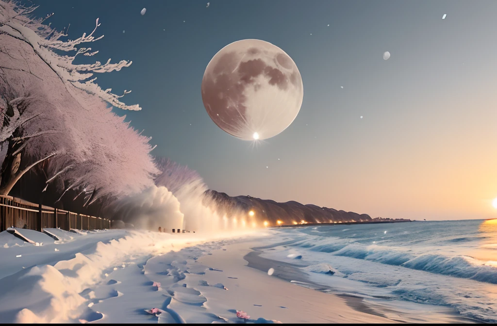 cherryblossom, Beach during the day, Big Full Moon, (snow blowing)