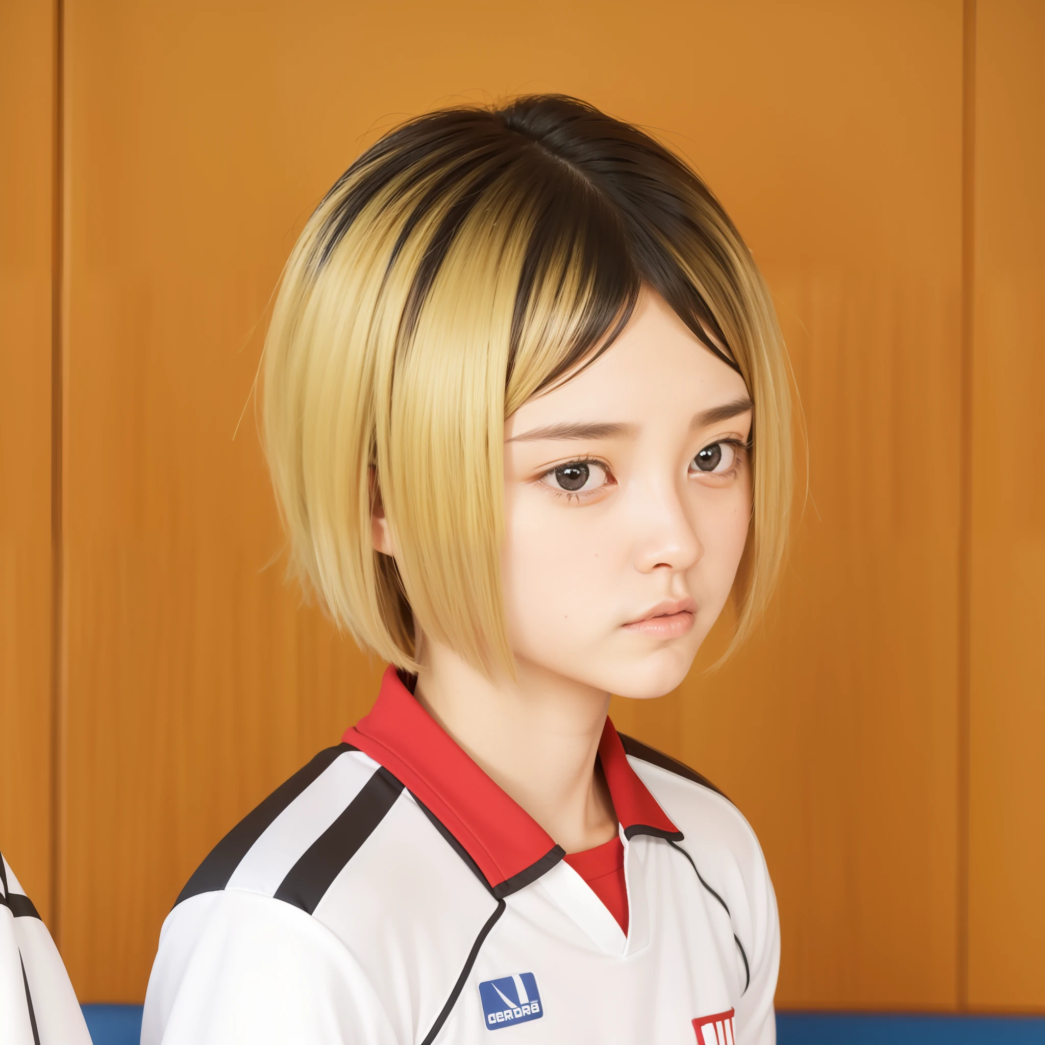 ((fully clothed))high res, masterpiece,Kenma Kozume, ((1boy,)) ((1man)), black_hair (blonde_hair) looking_to_the_side male_focus multicolored_hair,solo sportswear sweat sweatdrop twitter_username tying_hair upper_body volleyball_uniform yellow_eyes, realistic,ultra details ,detailed background, bright,70mm lens,