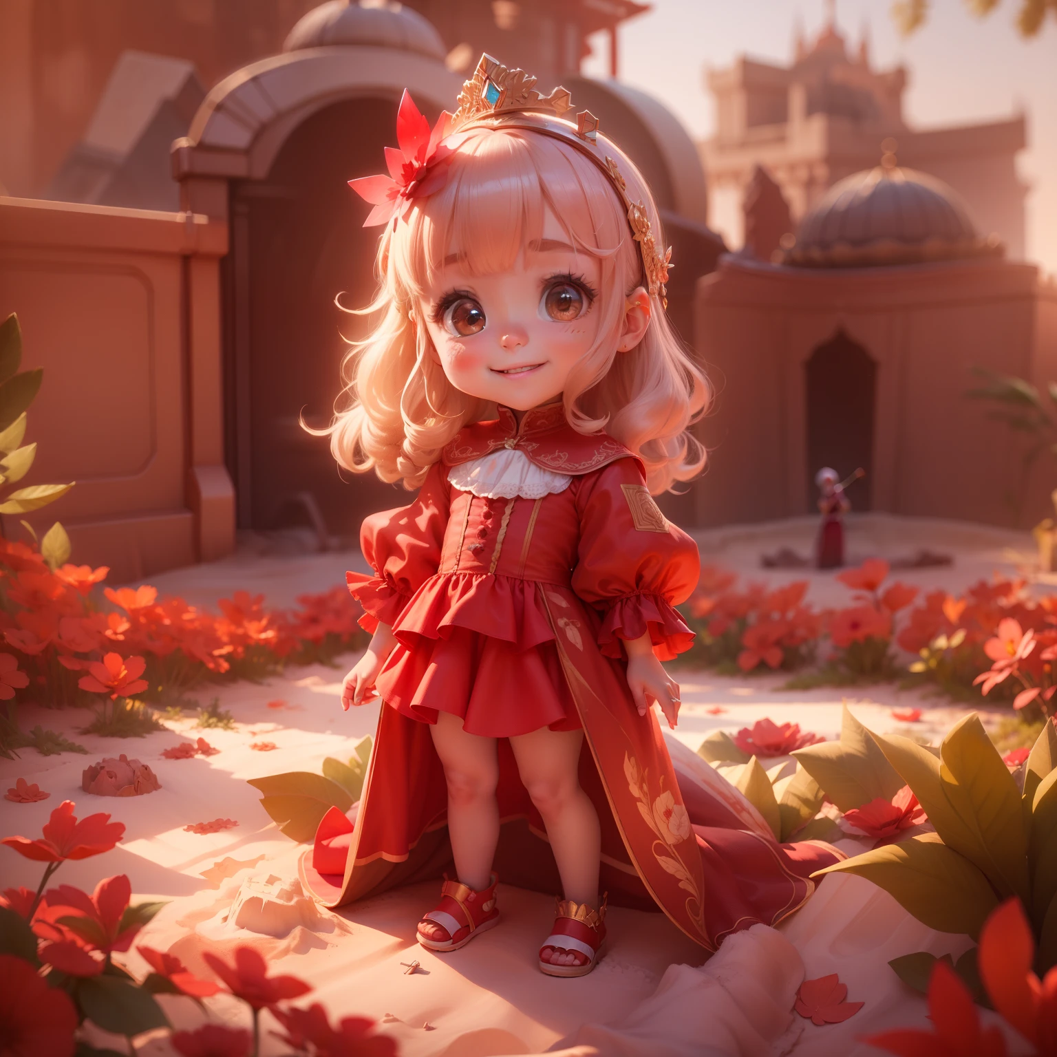 (sandbox:1.4),in a panoramic view，Solo, full body Esbian，tchibi，Cute little girl, wearing red dress，a panoramic view，Delicate headgear，ssmile，Rococo style，Glass material，crystal material，ighly detailed, cinematic lighting effect，8K，tmasterpiece，offcial art　a smile